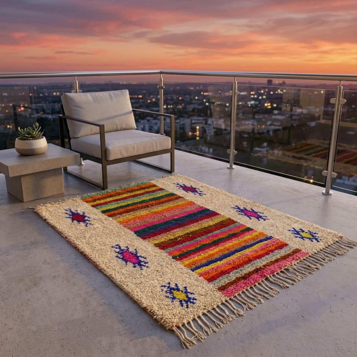 Handmade Moroccan Wool Rug Azilal Style | Multicolor Striped Center & Protective Talismans on Sand Atlas Carpet