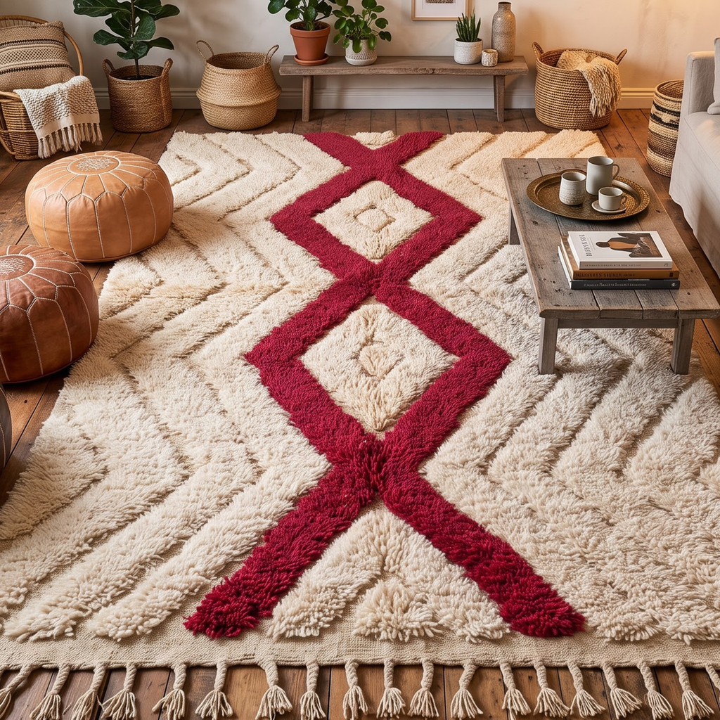 Handmade Moroccan Textured Wool Rug with Ruby Red Diamond | High-Low Atlas Berber Carpet