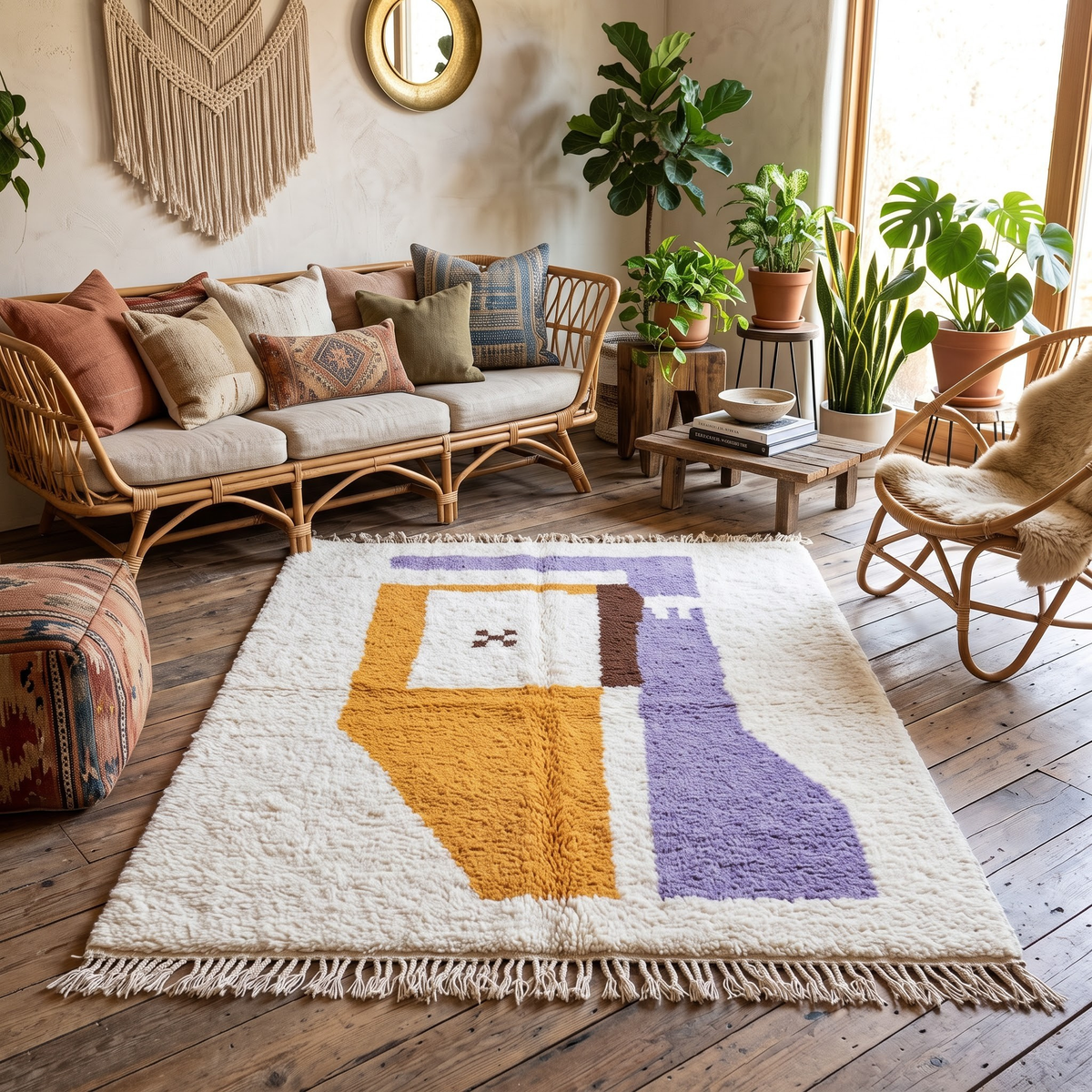 Handmade Moroccan Wool Rug Azilal Style | Abstract Minimalist Color Block in Lavender, Ochre & Cream Atlas Carpet