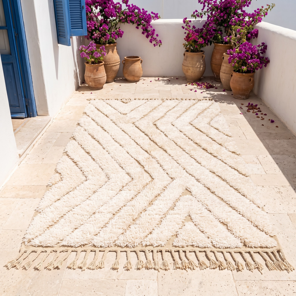 Handmade Moroccan Wool Rug Beni Ourain Style | High-Low 3D Textured Chevron Pattern in Cream & Sand