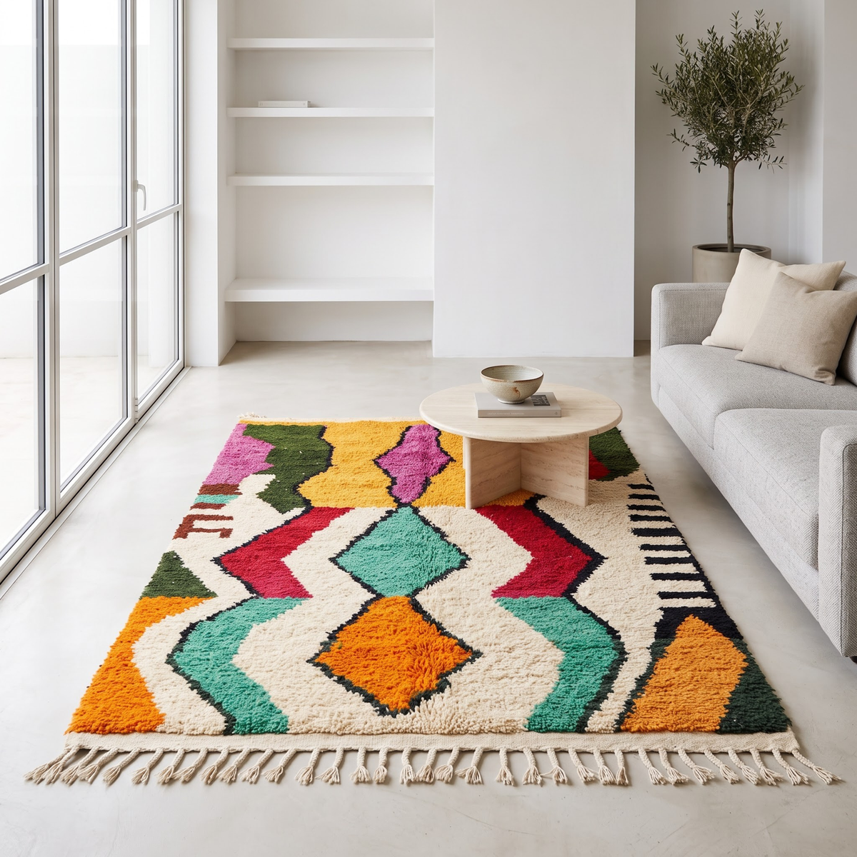Handmade Moroccan Wool Rug Vibrant Abstract Ethnic Motif | Colorful Atlas Berber Carpet