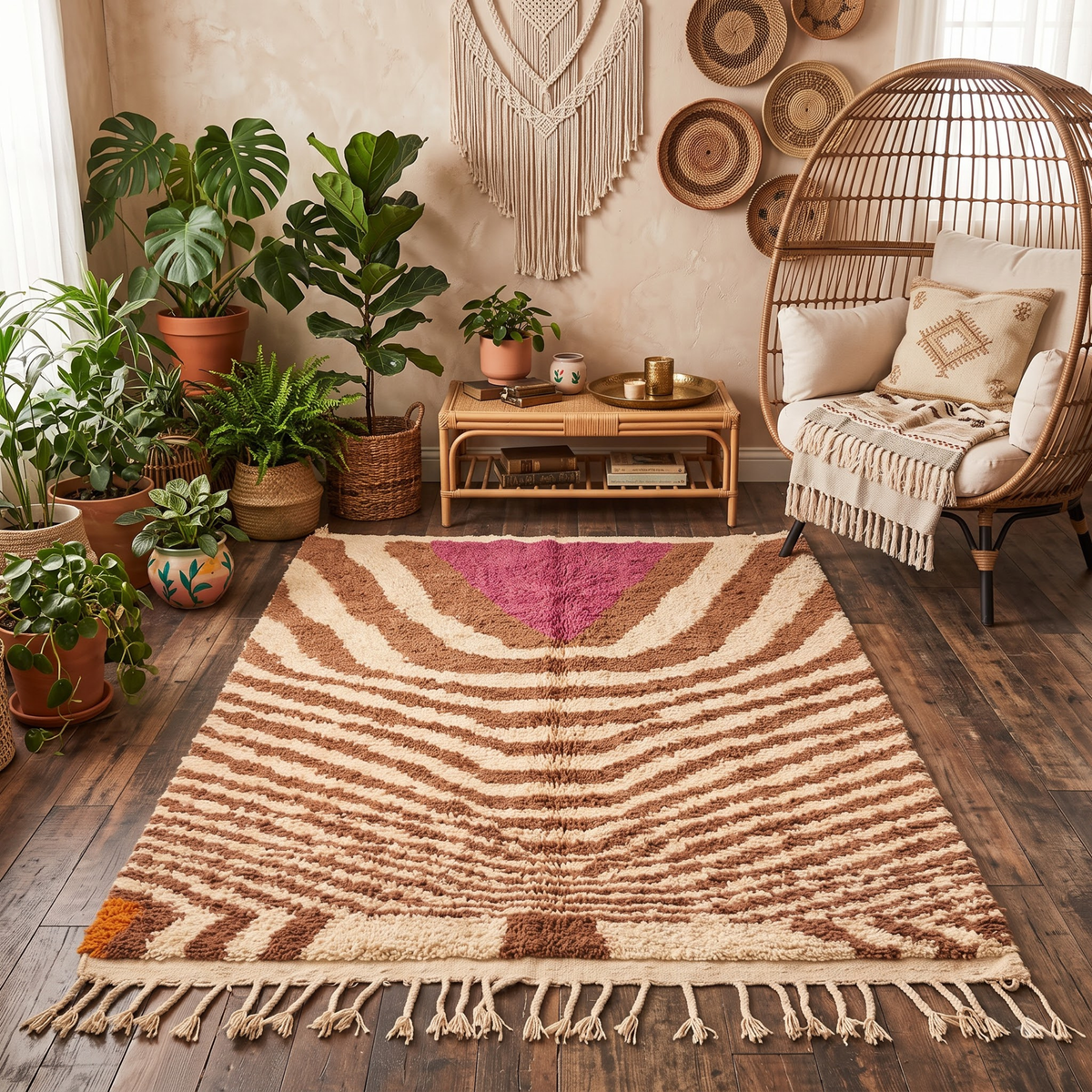 Handmade Moroccan Wool Rug Azilal Style | Caramel Wave Motif with Magenta Focal Point Atlas Carpet