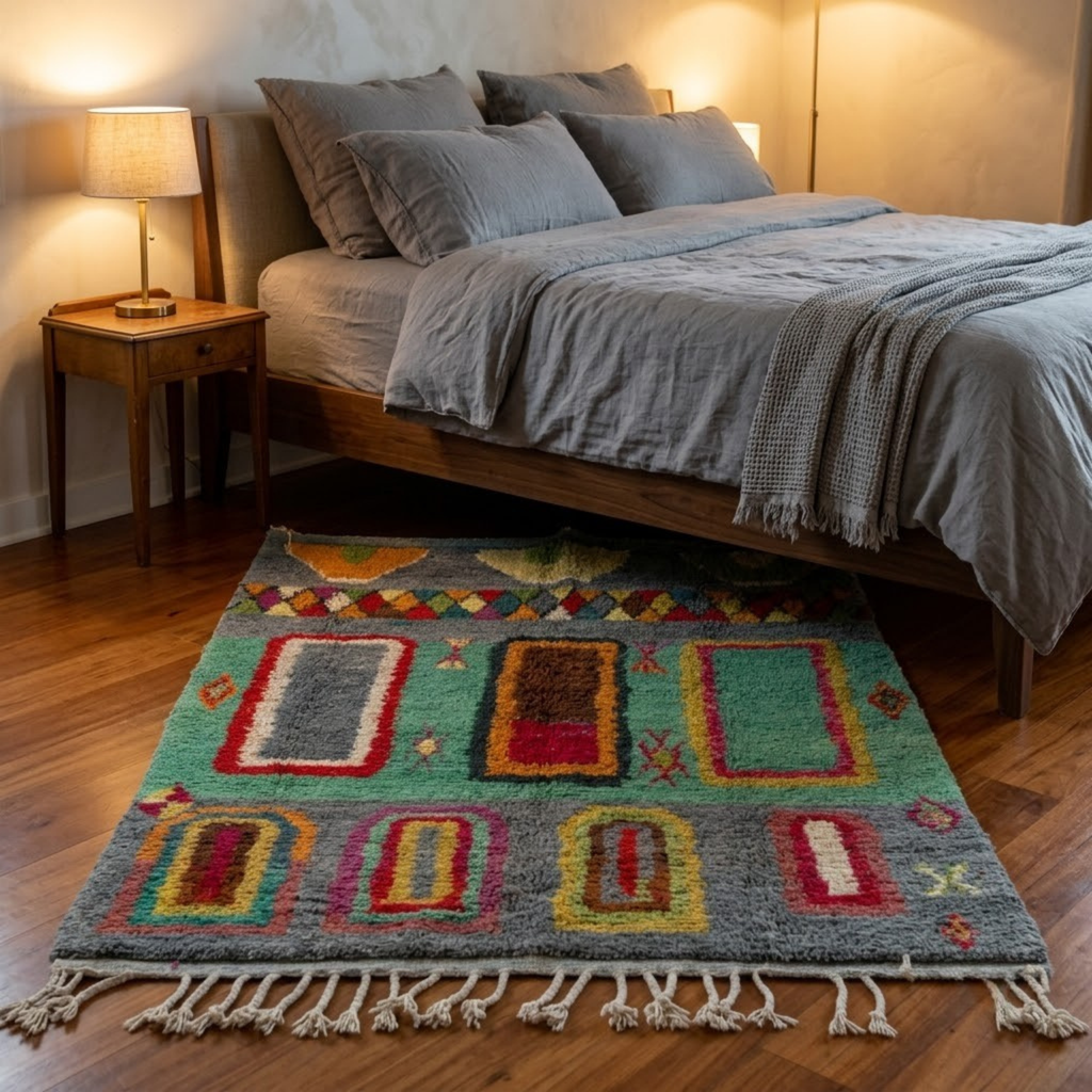 Handmade Moroccan Wool Rug Azilal Style | Architectural Portals & Arches in Slate Grey & Mint Green Atlas Carpet