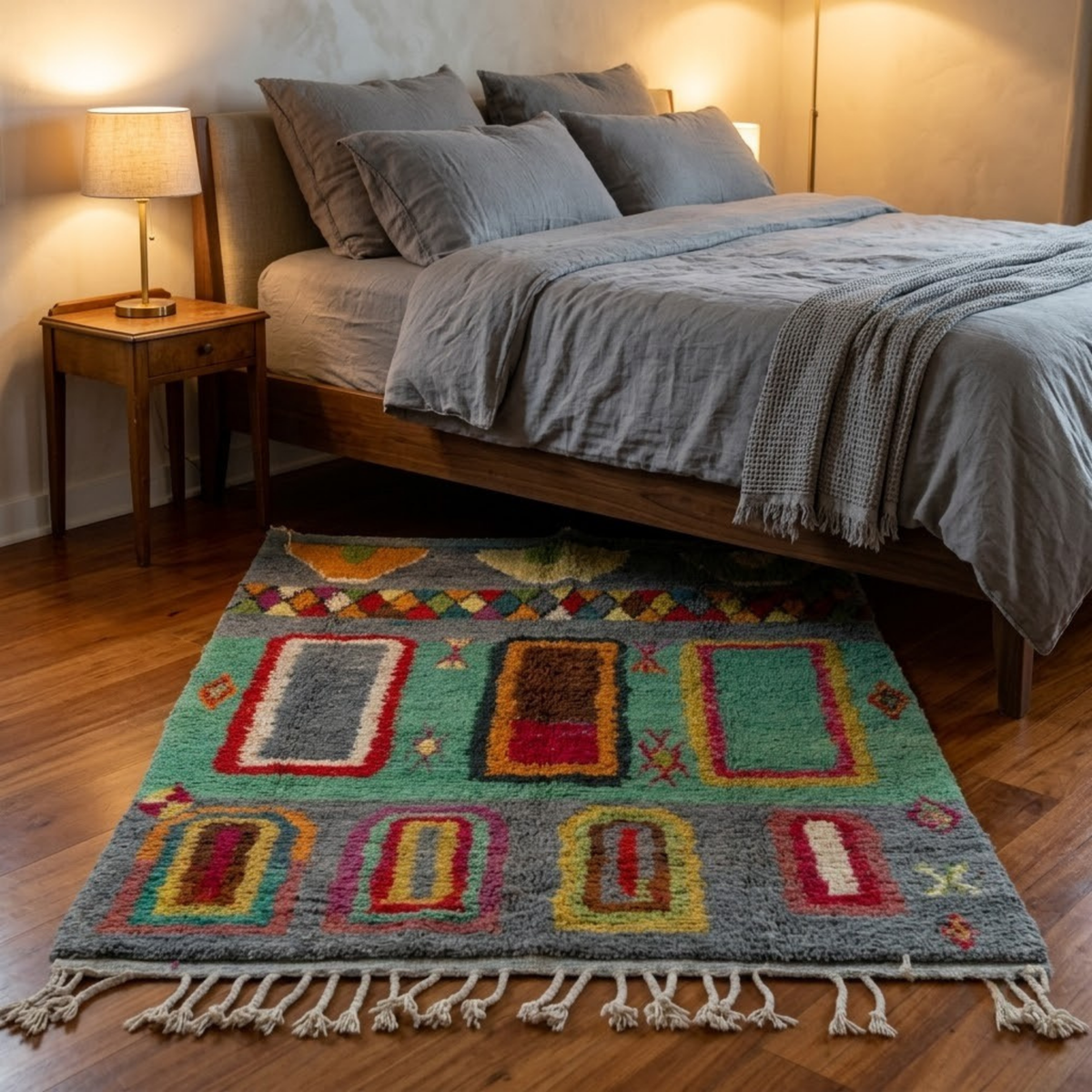 Handmade Moroccan Wool Rug Azilal Style | Architectural Portals & Arches in Slate Grey & Mint Green Atlas Carpet