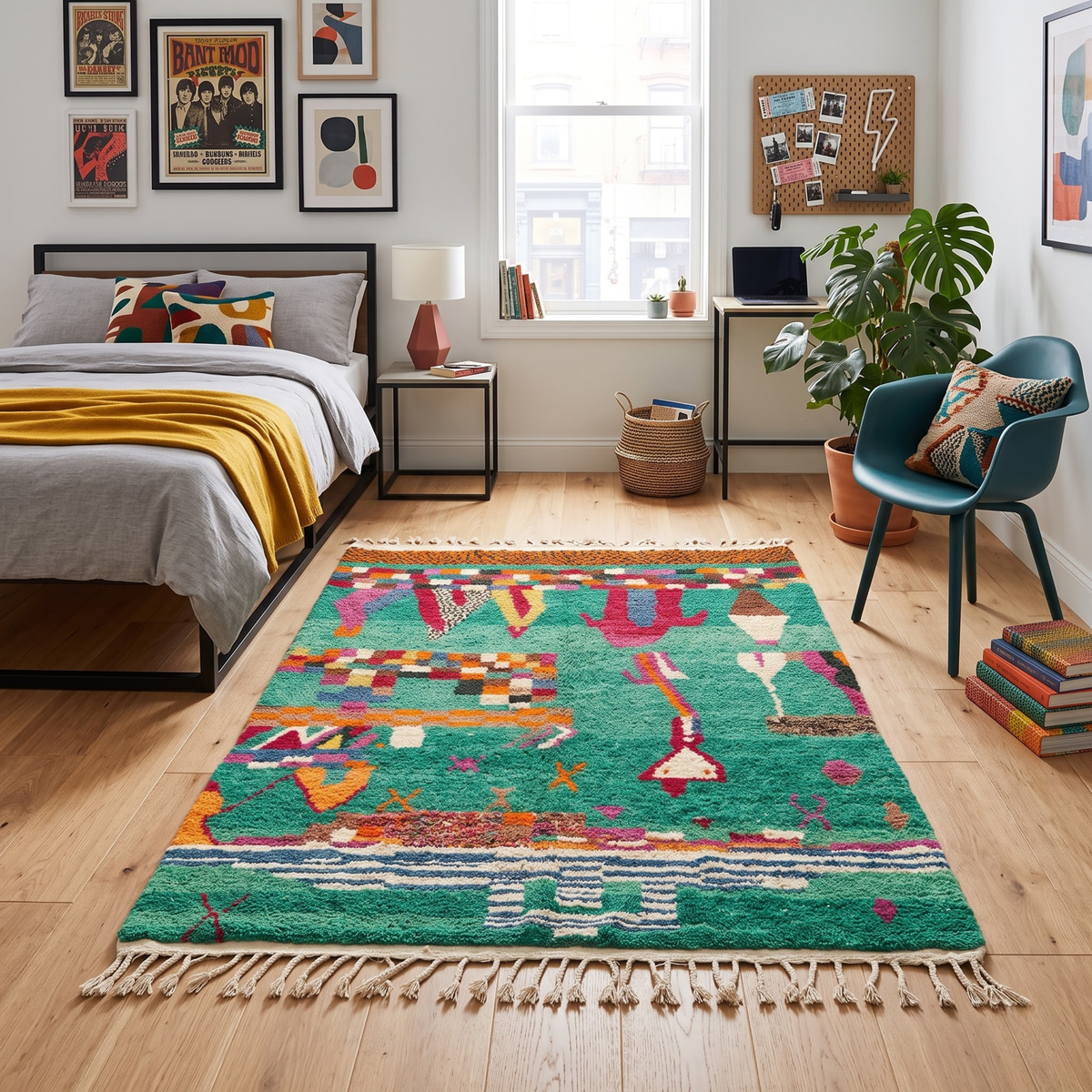 Handmade Moroccan Wool Rug Azilal Style | Emerald Green with Multicolor Tribal Berber Symbols Atlas Carpet