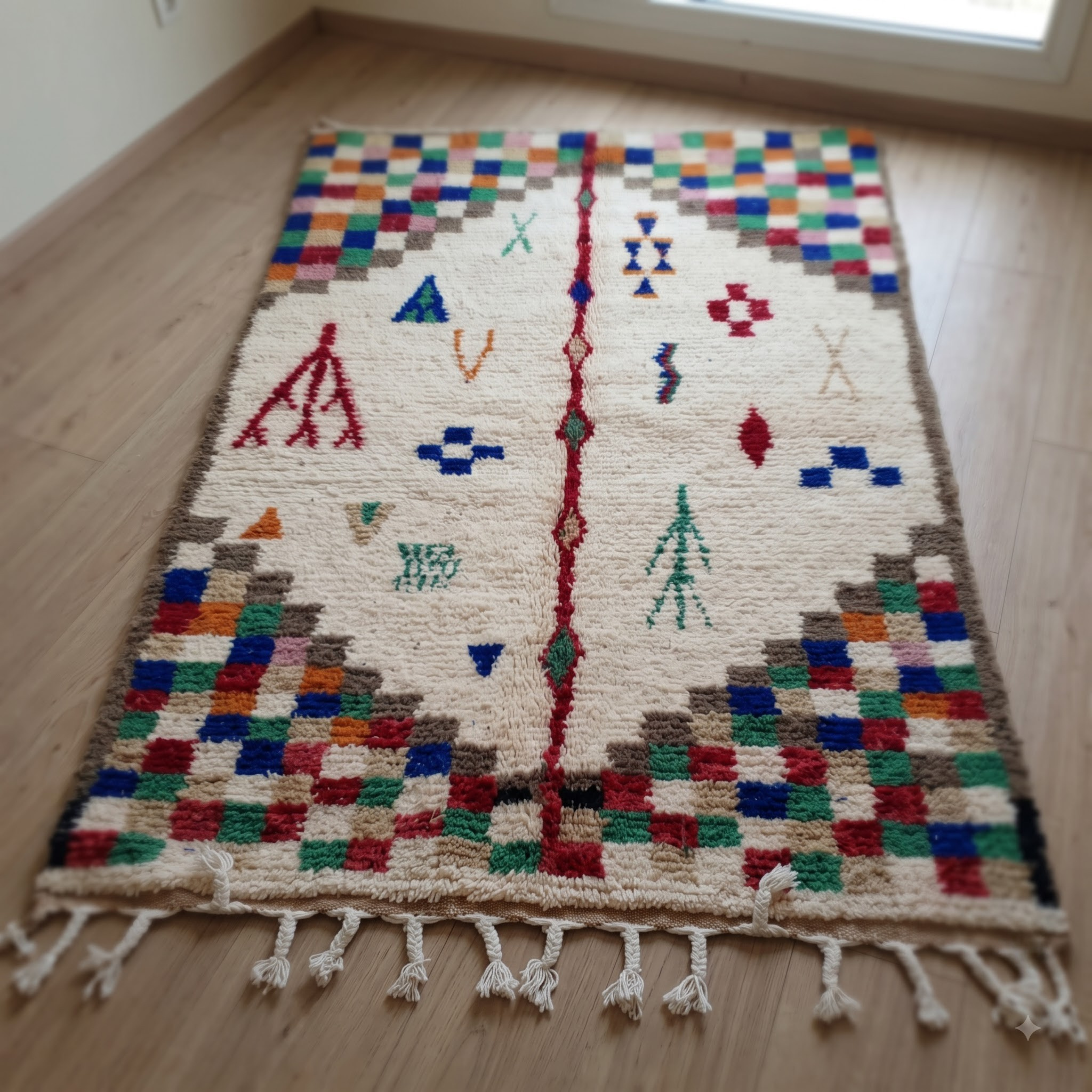Handmade Moroccan Azilal Wool Rug – Cream Shag with Multicolor Pixel Checkerboard