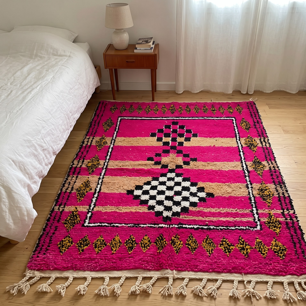 Handmade Moroccan Azilal Wool Rug – Hot Pink & Sand Checkerboard Totem Shag Rug