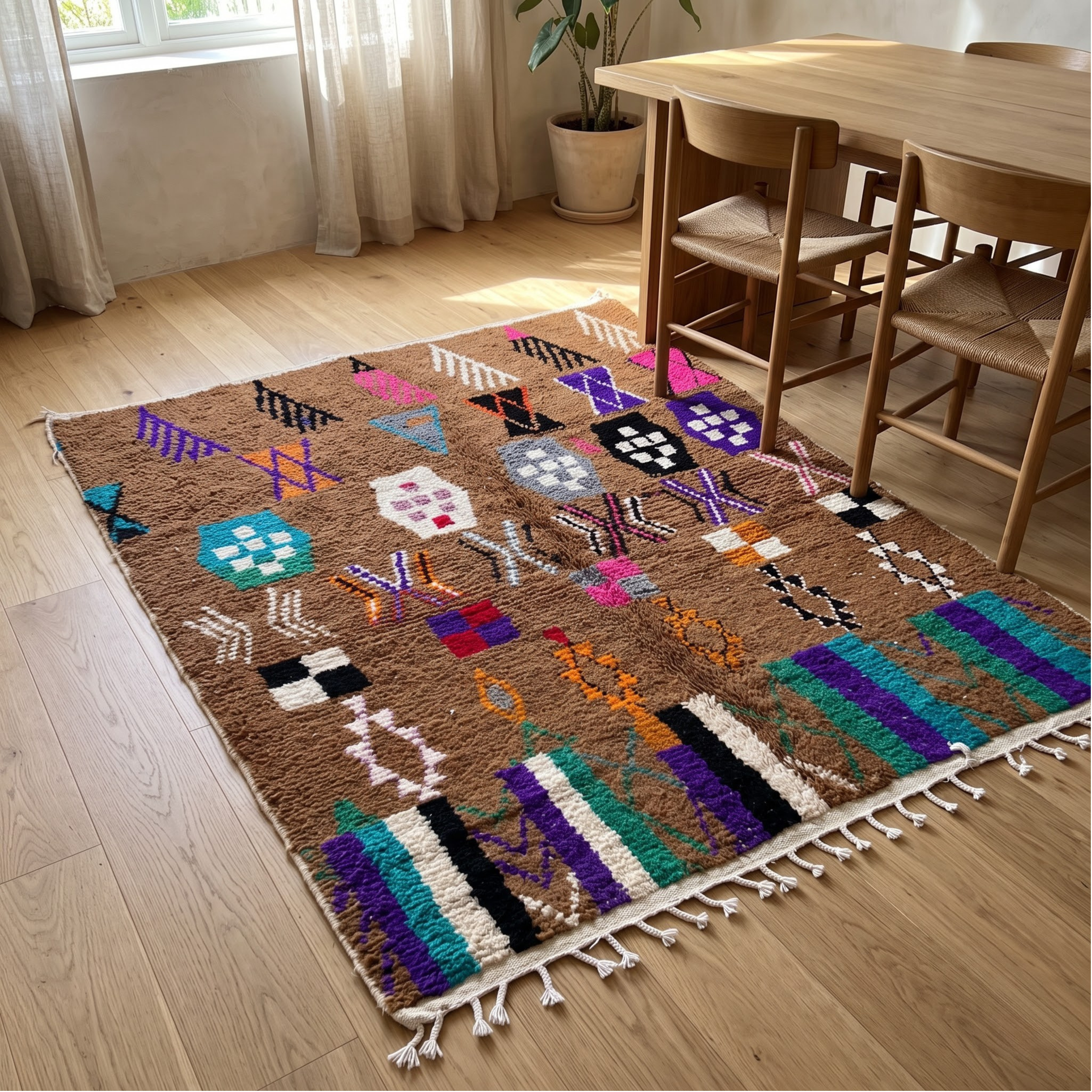 Handmade Moroccan Azilal Wool Rug – Cocoa Brown Shag with Multicolor Tribal Symbols