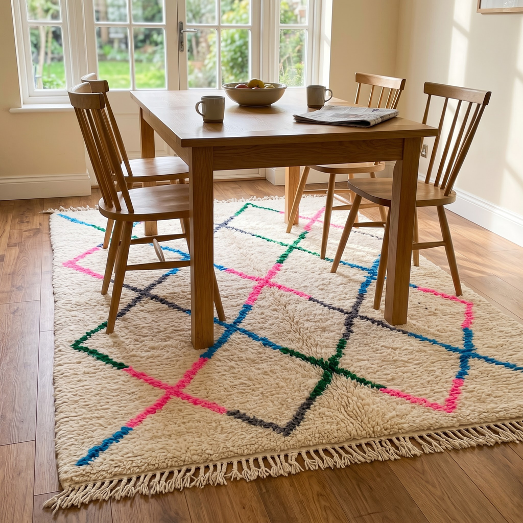 Handmade Moroccan Beni Ourain Wool Rug – Ivory Shag with Multicolor Diamond Trellis