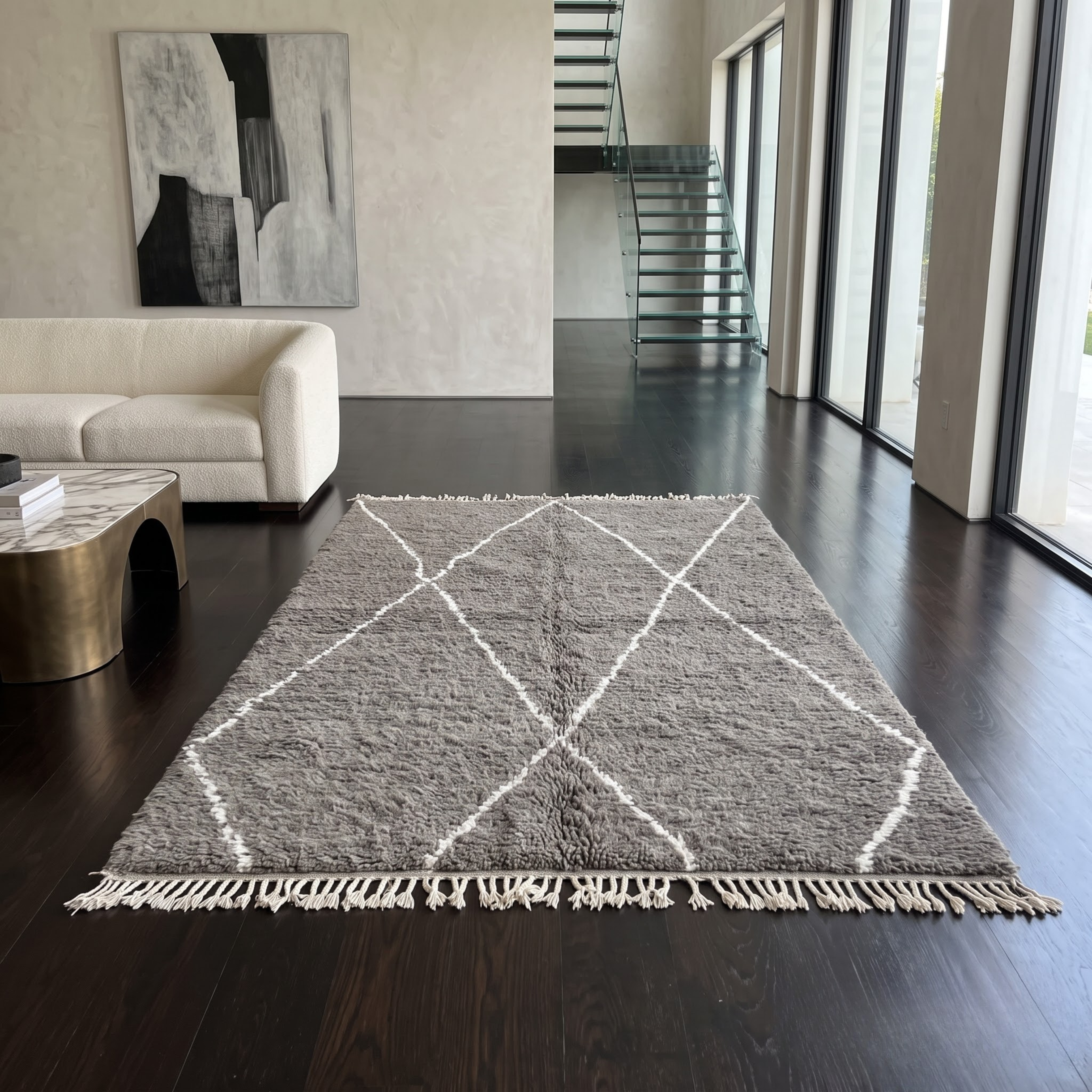 Handmade Moroccan Beni Ourain Rug – Charcoal Gray & White Diamond Shag Wool Rug