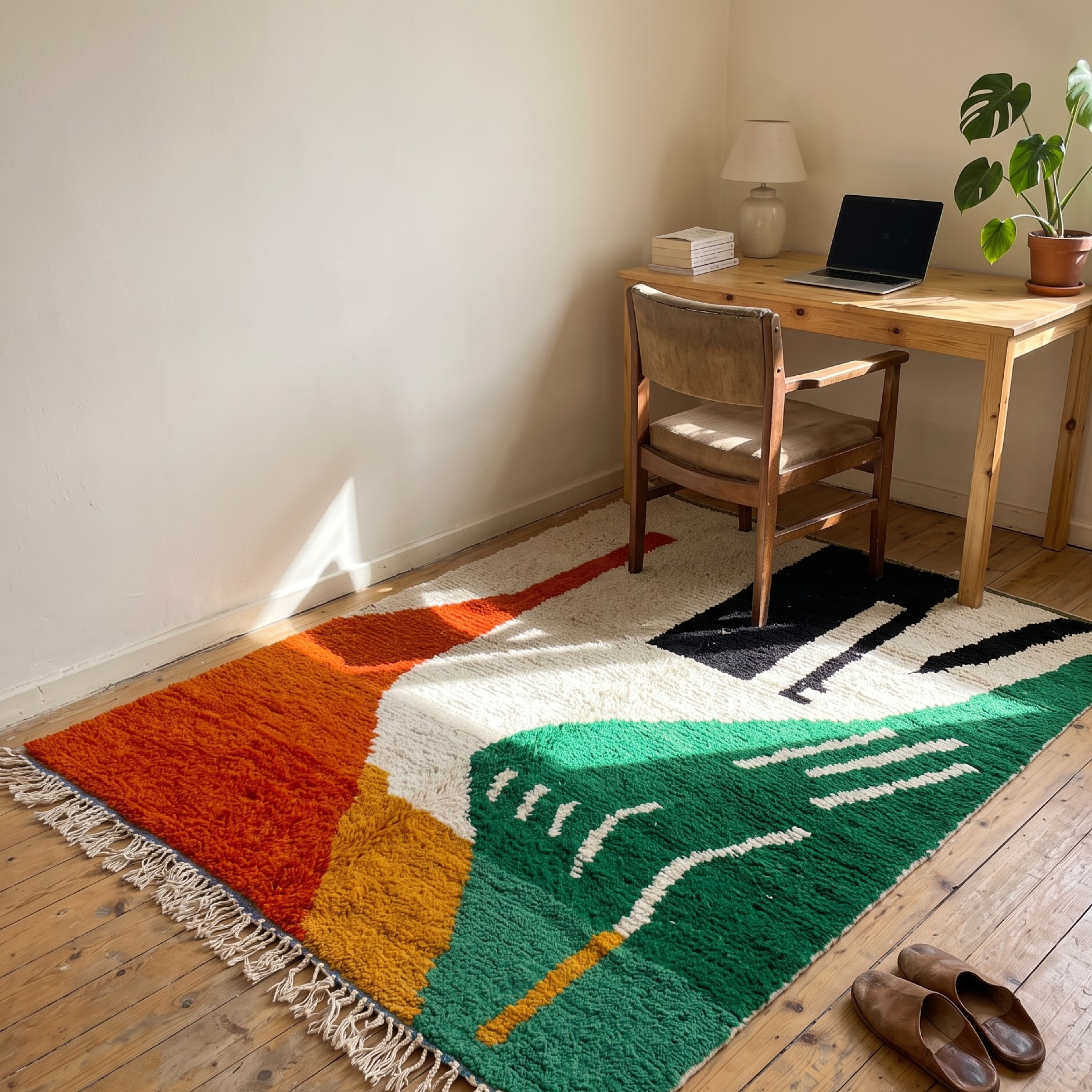 Handmade Moroccan Azilal Wool Rug – Emerald Green, Terracotta & Black Abstract Shag Rug