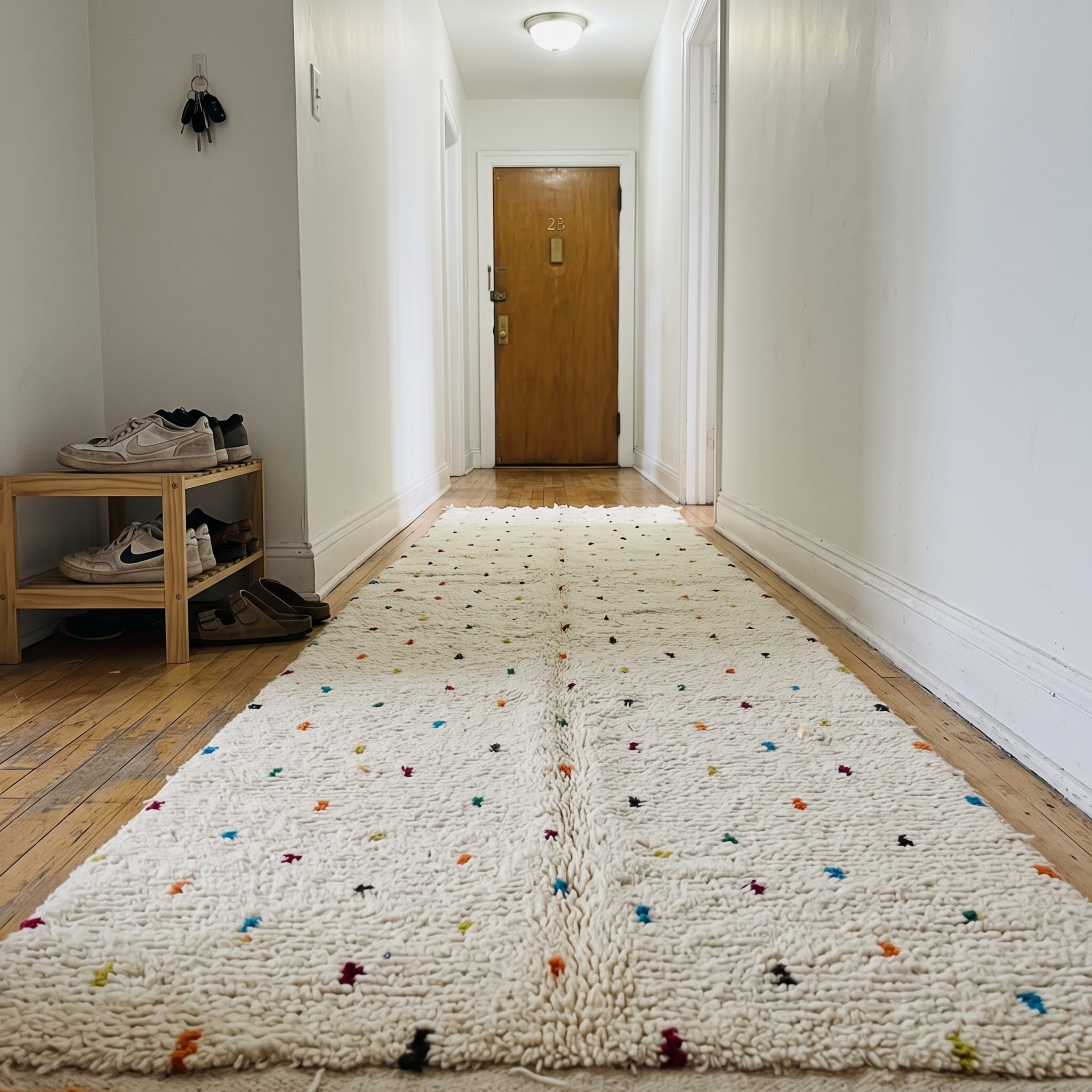 Handmade Moroccan Beni Ourain Wool Rug – Ivory Shag with Multicolor Confetti Polka Dots