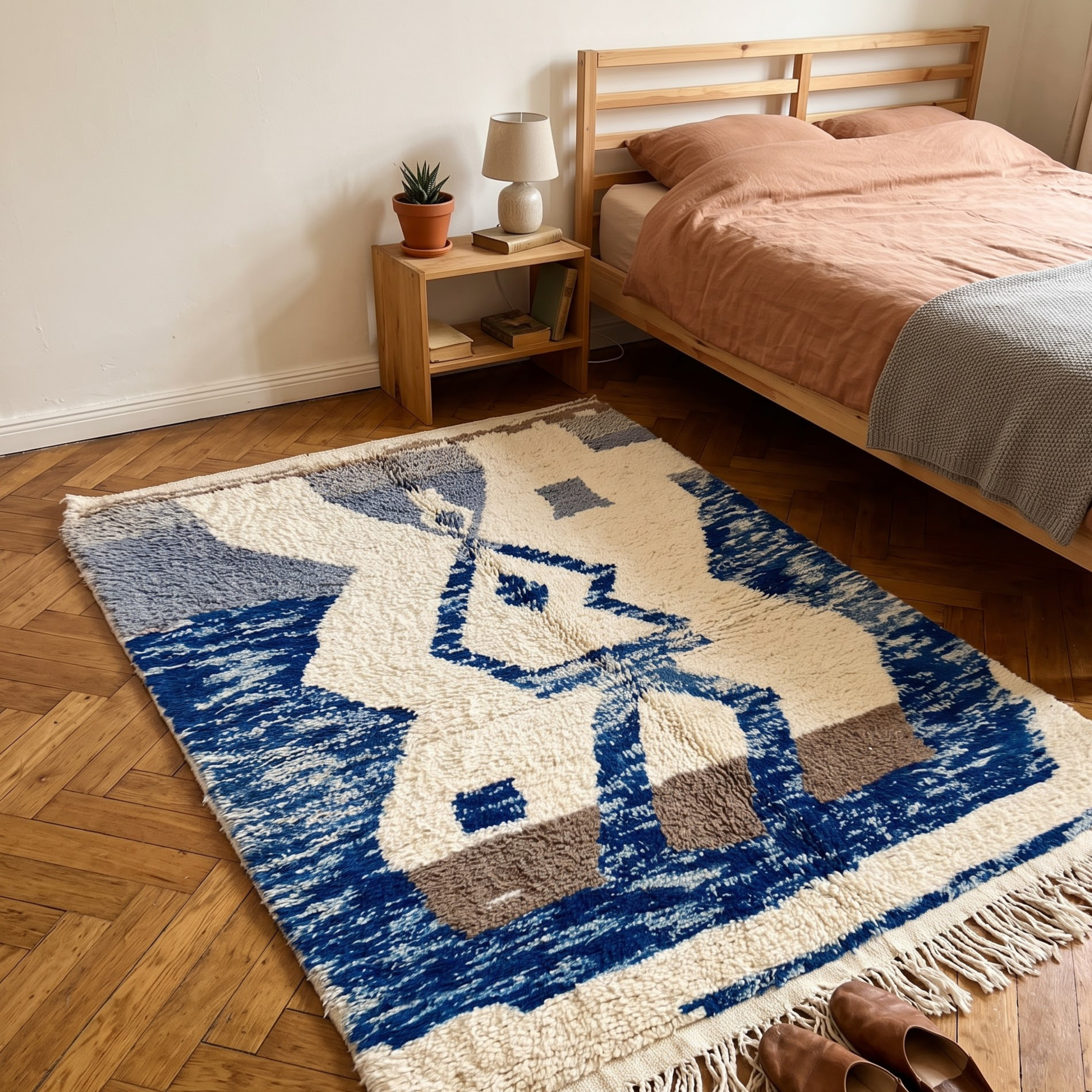 Handmade Moroccan Wool Rug – Indigo Blue & Ivory Abstract Sculptural Shag Rug