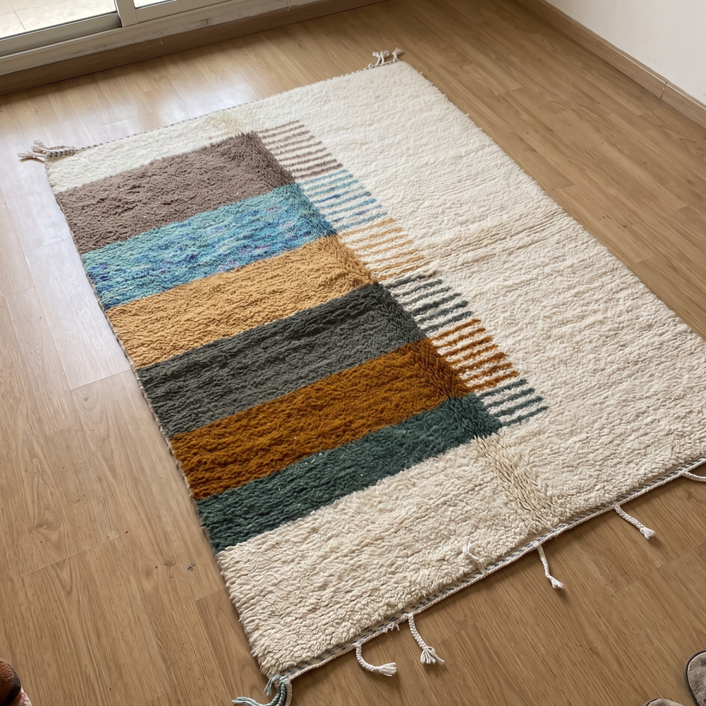 Hand-Knotted Moroccan Area Rug in Natural Cream with Striped Earth Panel