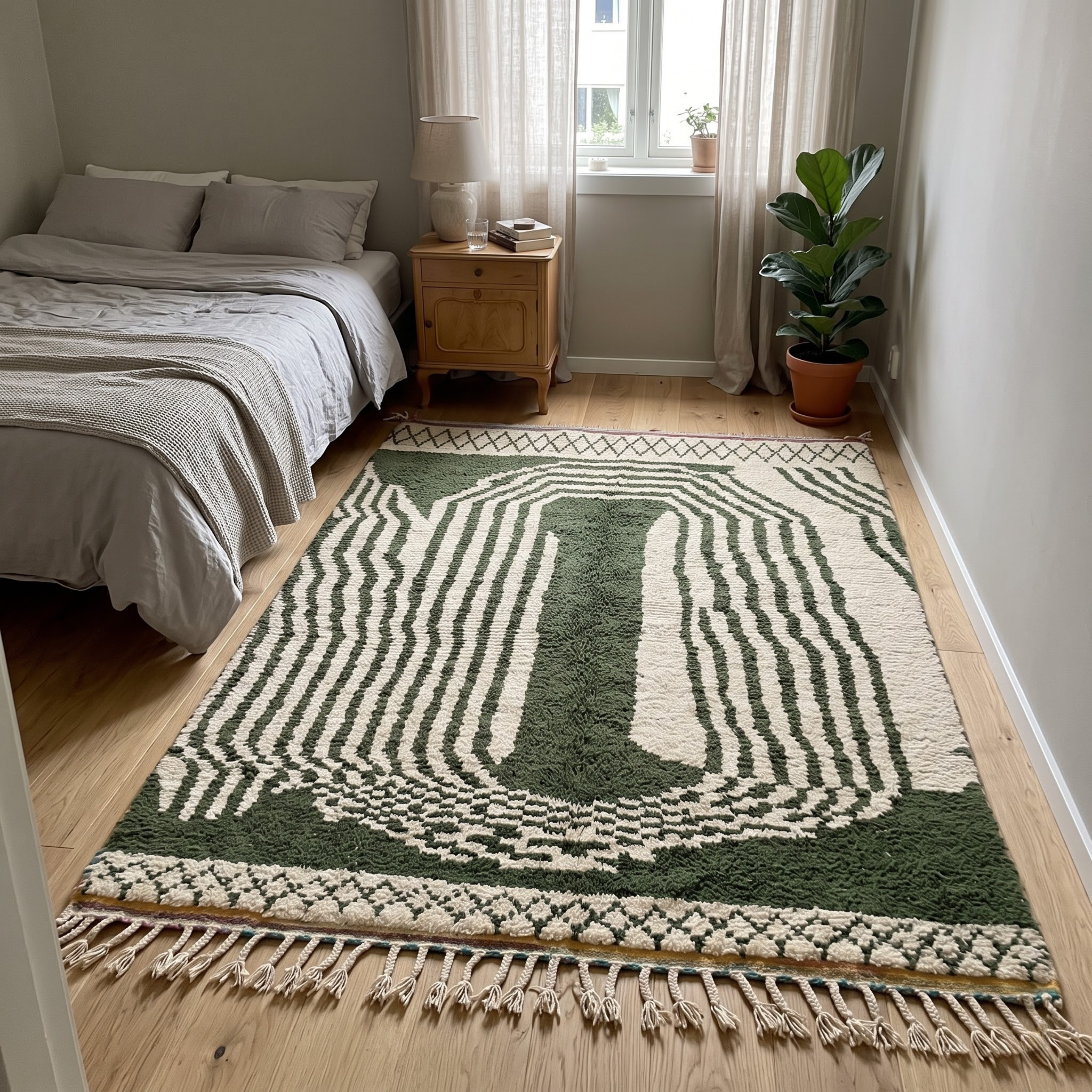 Handmade Moroccan Olive Green & Ivory Wool Rug – Architectural Arch & Wave Shag Rug