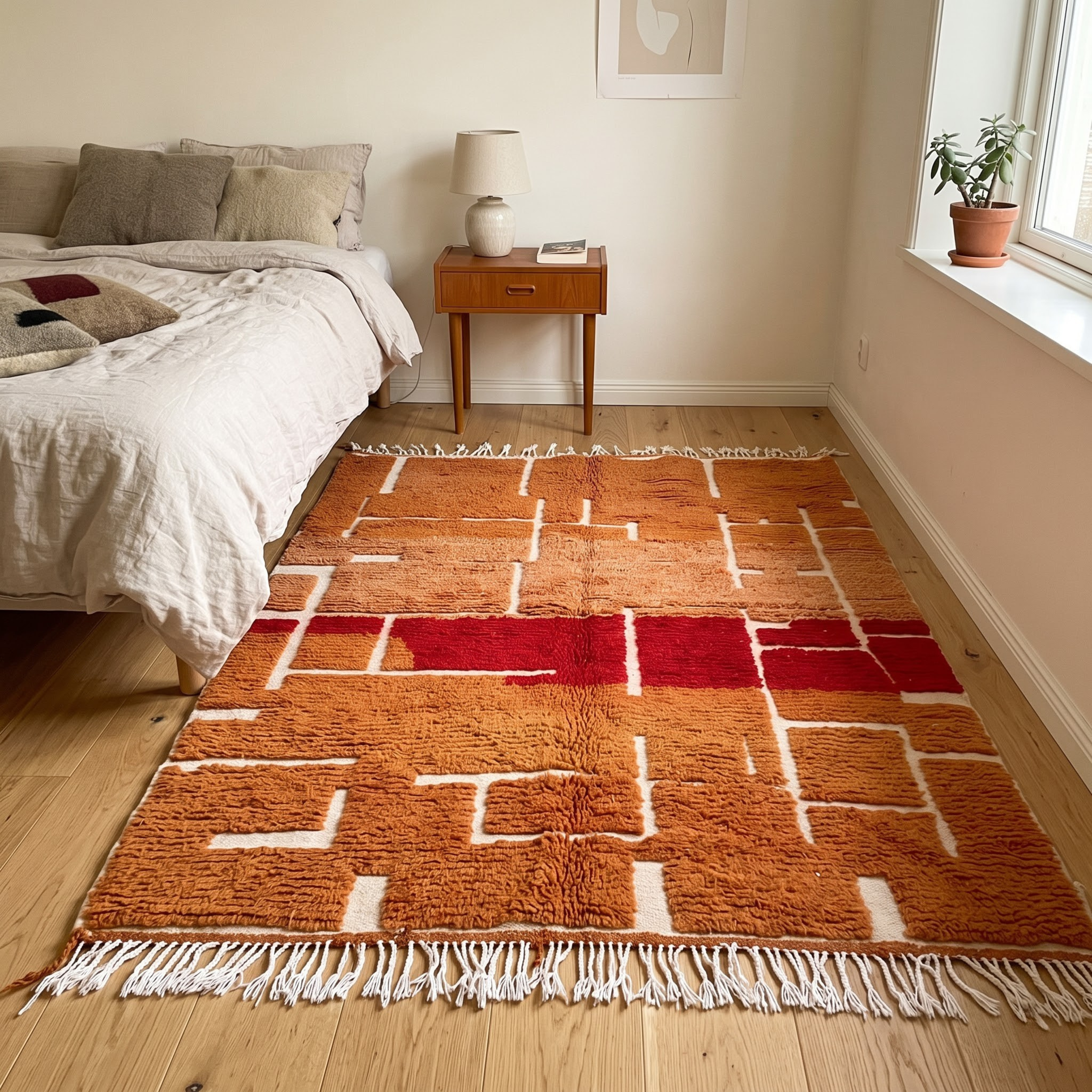 Handmade Moroccan Wool Rug – Terracotta, Ochre & Brick Red Geometric Block Shag Rug