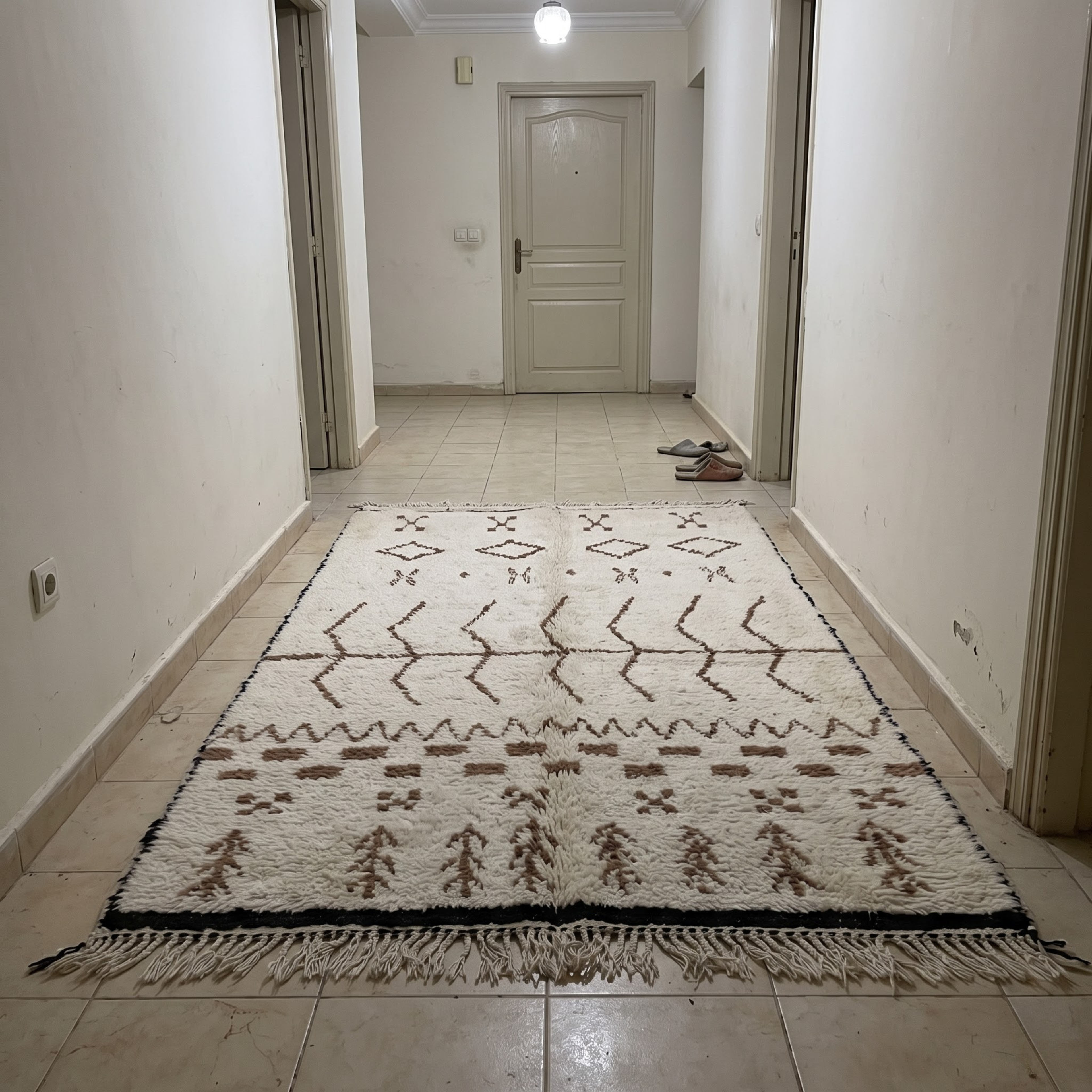 Handmade Moroccan Beni Ourain Wool Rug – Ivory Shag with Brown Tribal Talismans