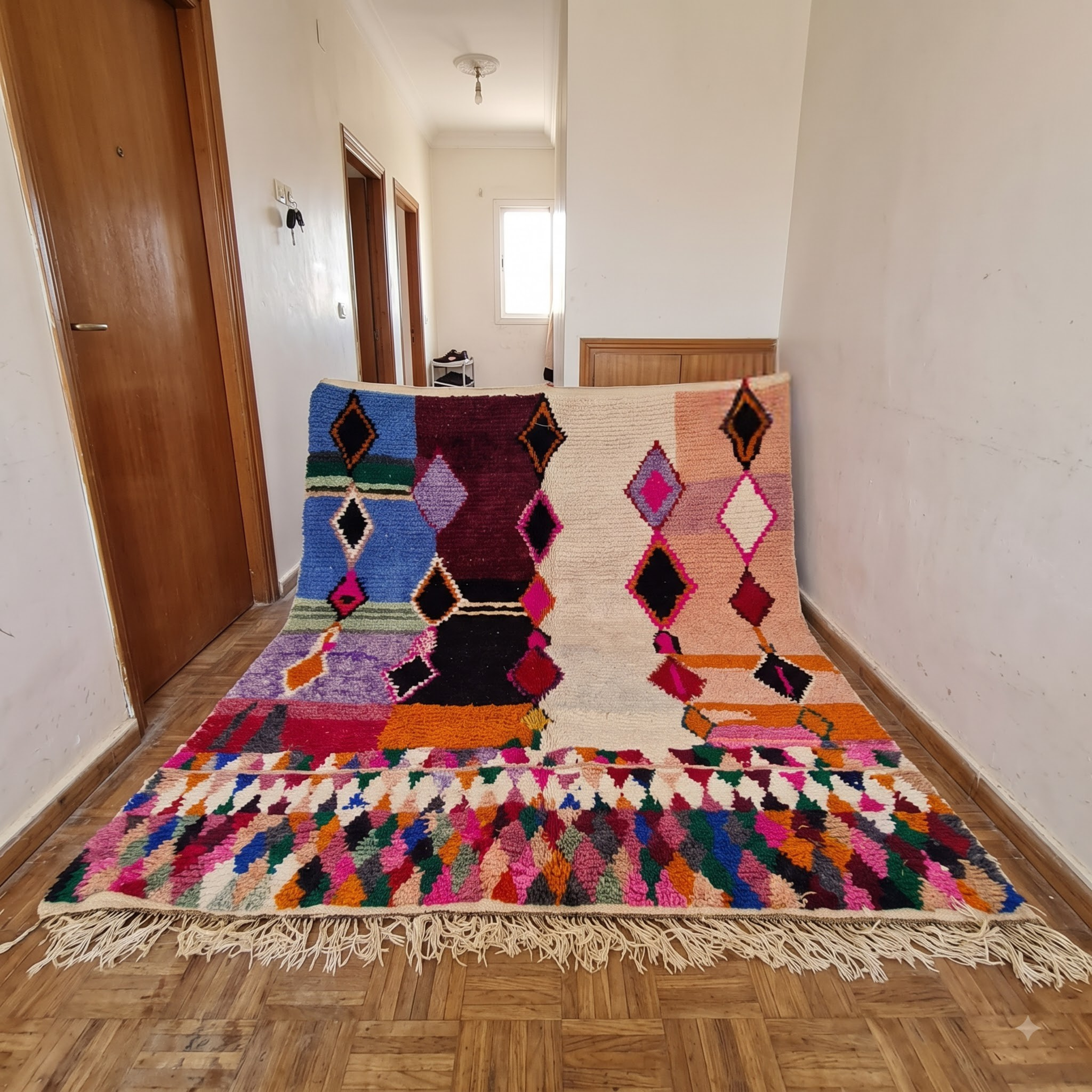 Handmade Moroccan Azilal Wool Rug – Pastel & Jewel Tone Color-Block Shag Rug