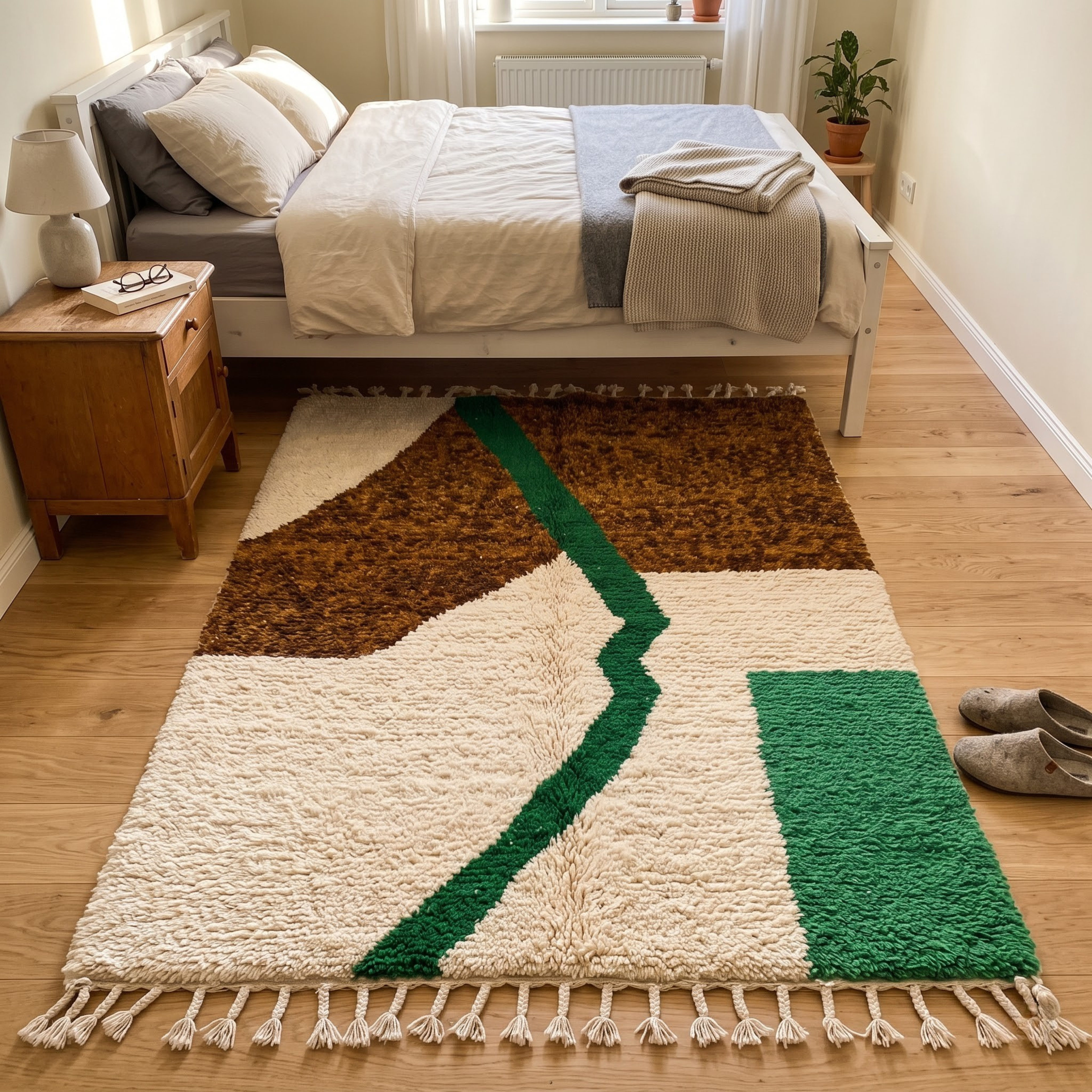 Handmade Moroccan Wool Rug – Earthy Brown, Emerald Green & Cream Abstract Shag Rug