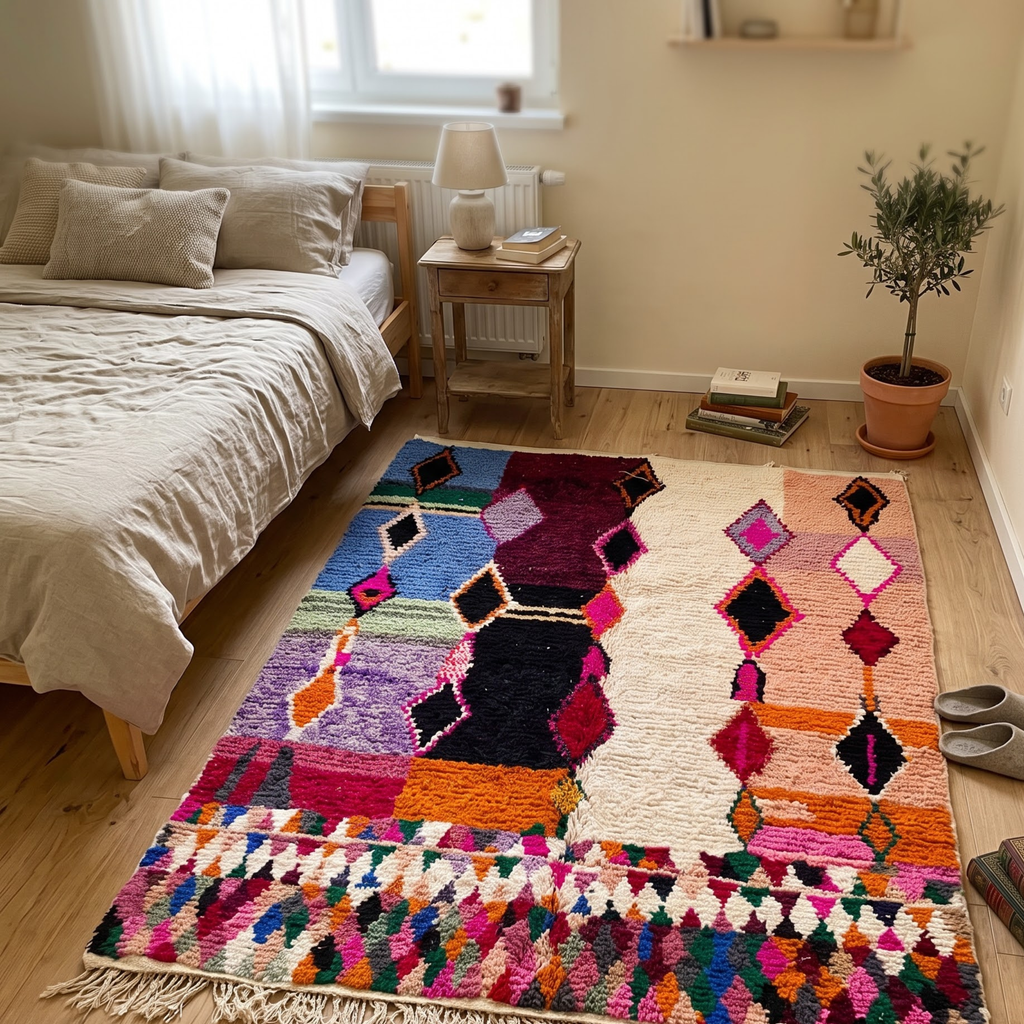 Handmade Moroccan Azilal Wool Rug – Pastel & Jewel Tone Color-Block Shag Rug