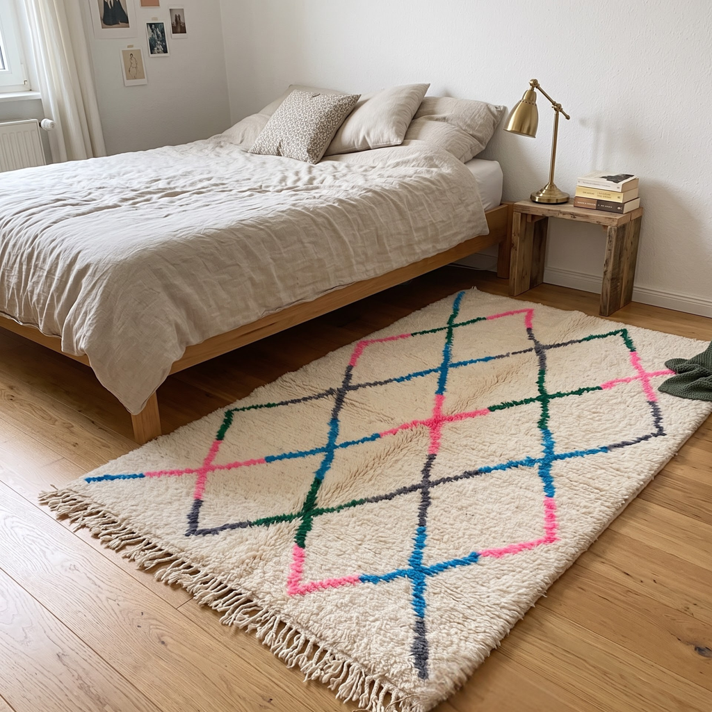Handmade Moroccan Beni Ourain Wool Rug – Ivory Shag with Multicolor Diamond Trellis