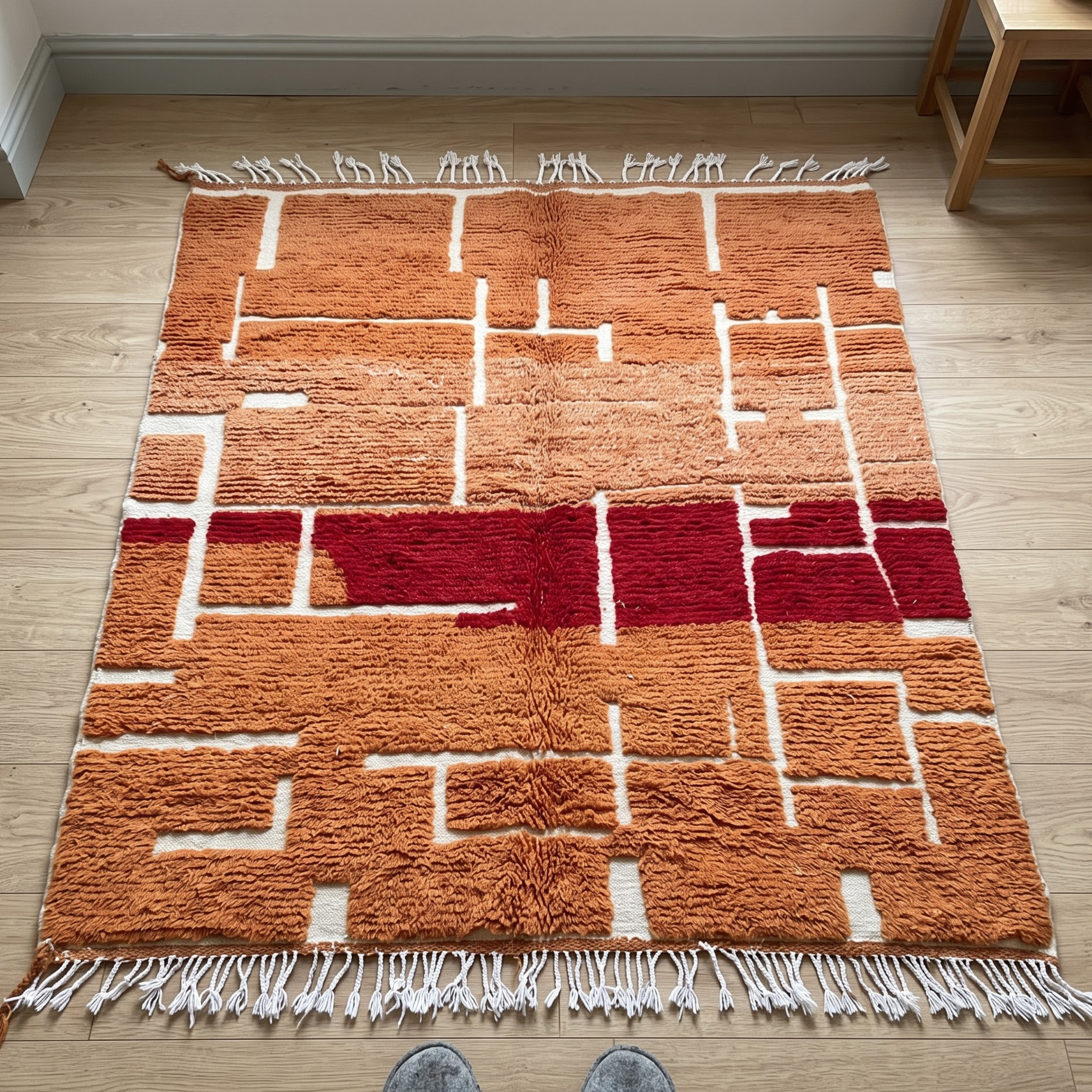 Handmade Moroccan Wool Rug – Terracotta, Ochre & Brick Red Geometric Block Shag Rug