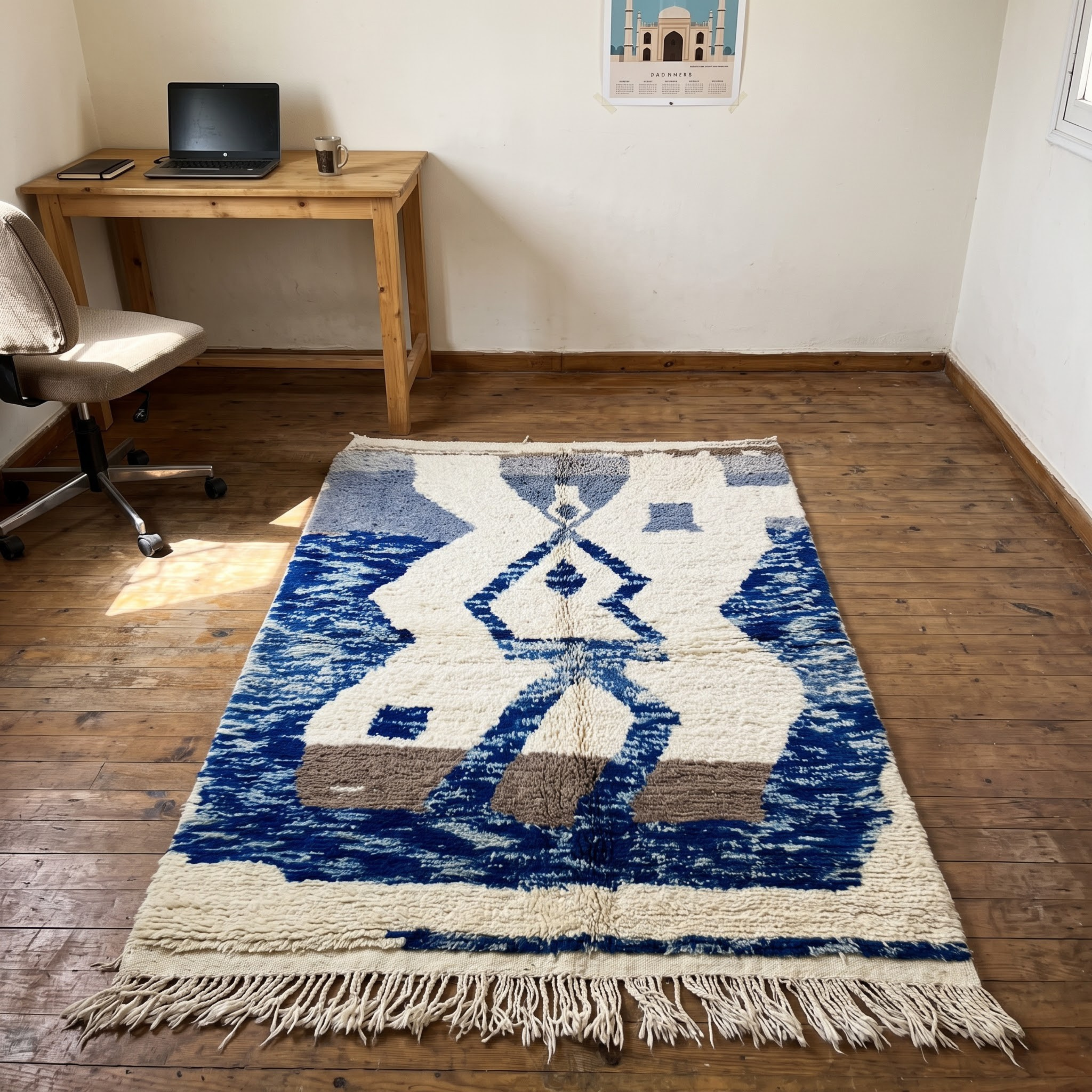Handmade Moroccan Wool Rug – Indigo Blue & Ivory Abstract Sculptural Shag Rug