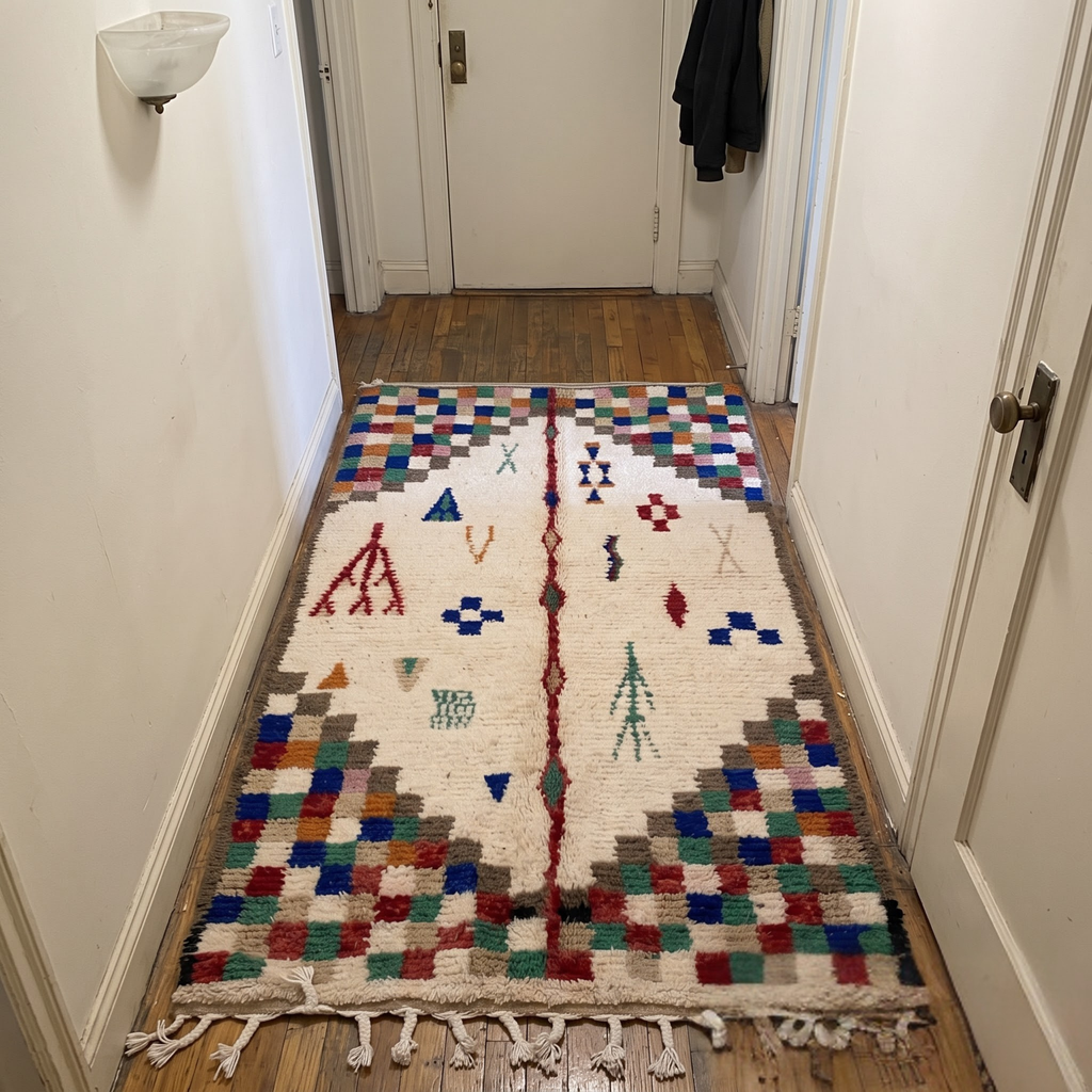 Handmade Moroccan Azilal Wool Rug – Cream Shag with Multicolor Pixel Checkerboard