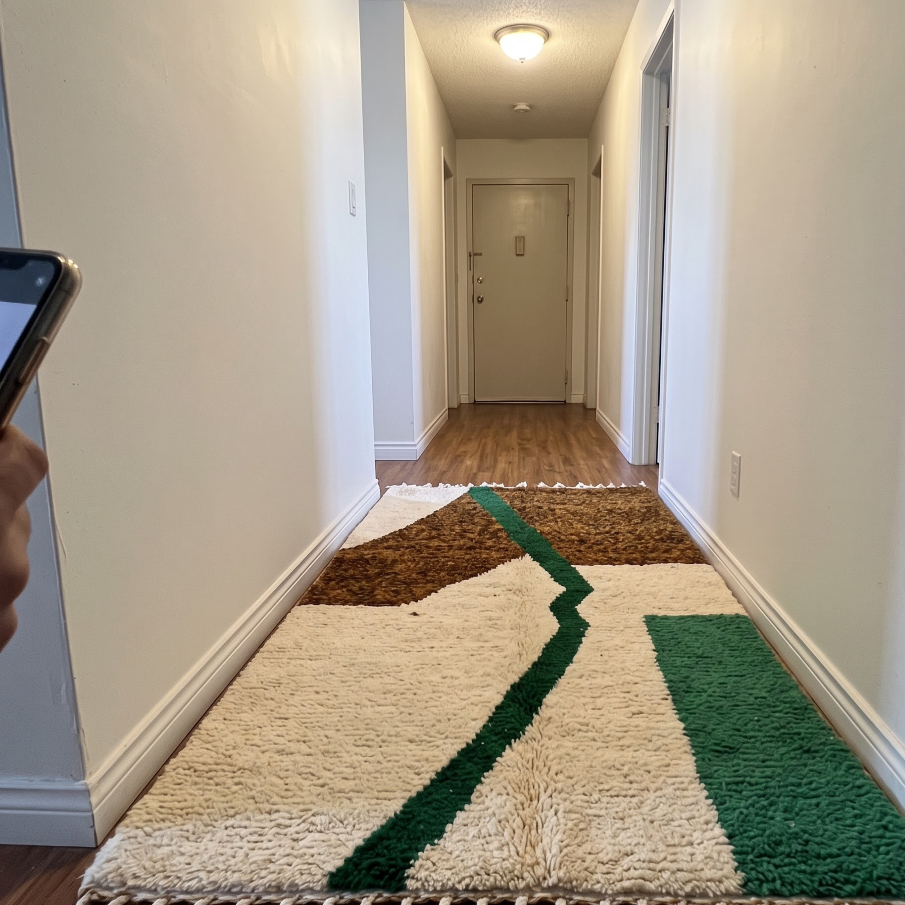 Handmade Moroccan Wool Rug – Earthy Brown, Emerald Green & Cream Abstract Shag Rug