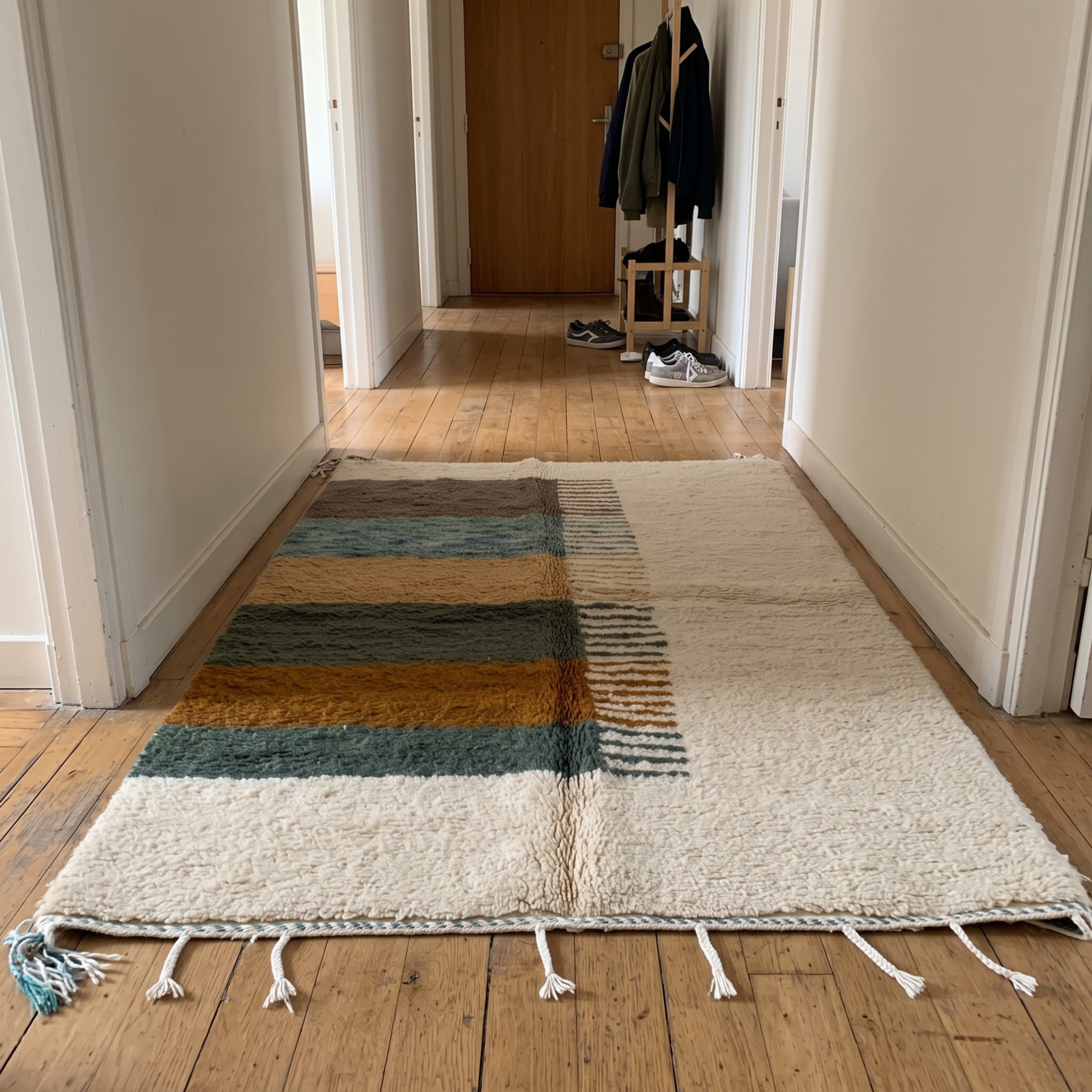 Hand-Knotted Moroccan Area Rug in Natural Cream with Striped Earth Panel