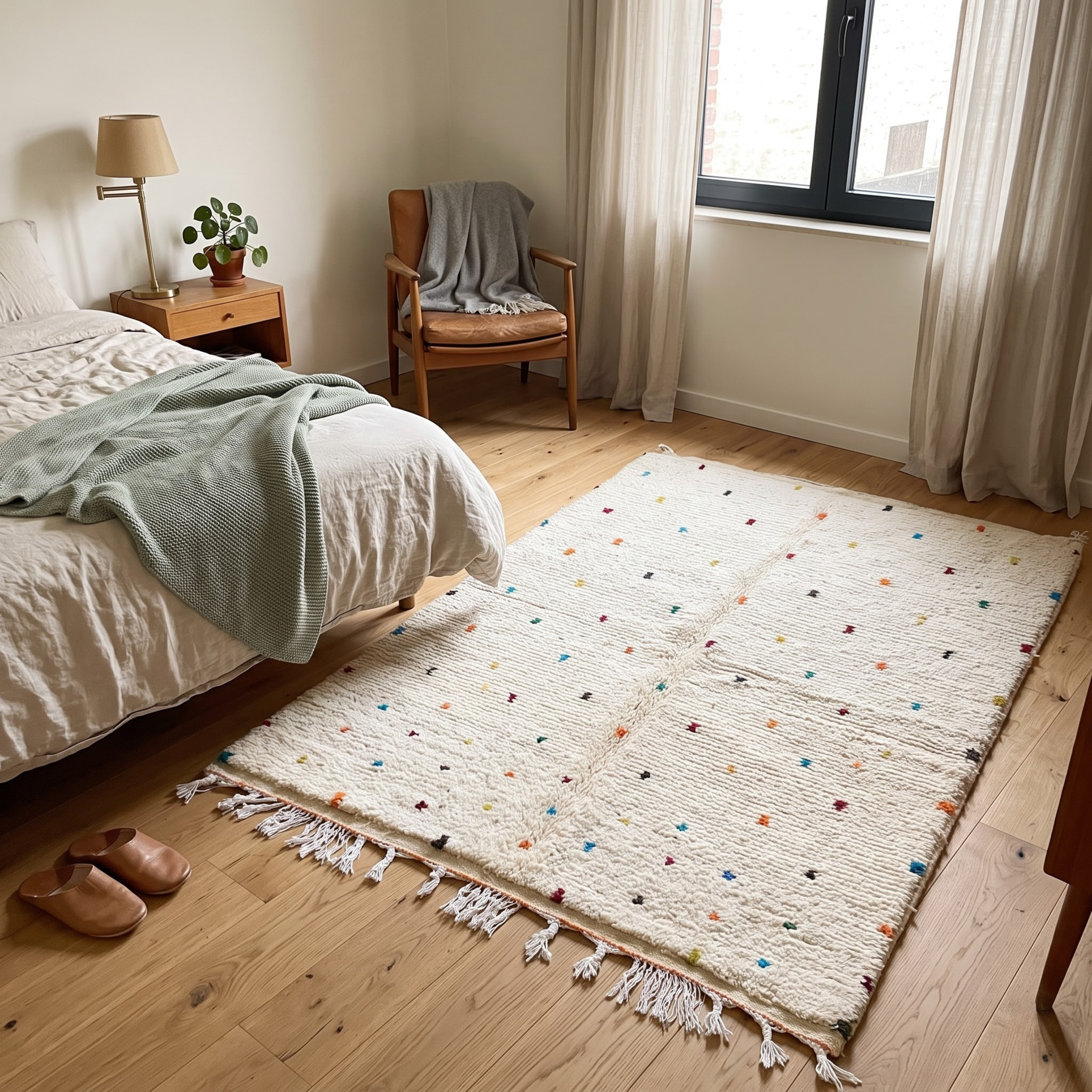 Handmade Moroccan Beni Ourain Wool Rug – Ivory Shag with Multicolor Confetti Polka Dots