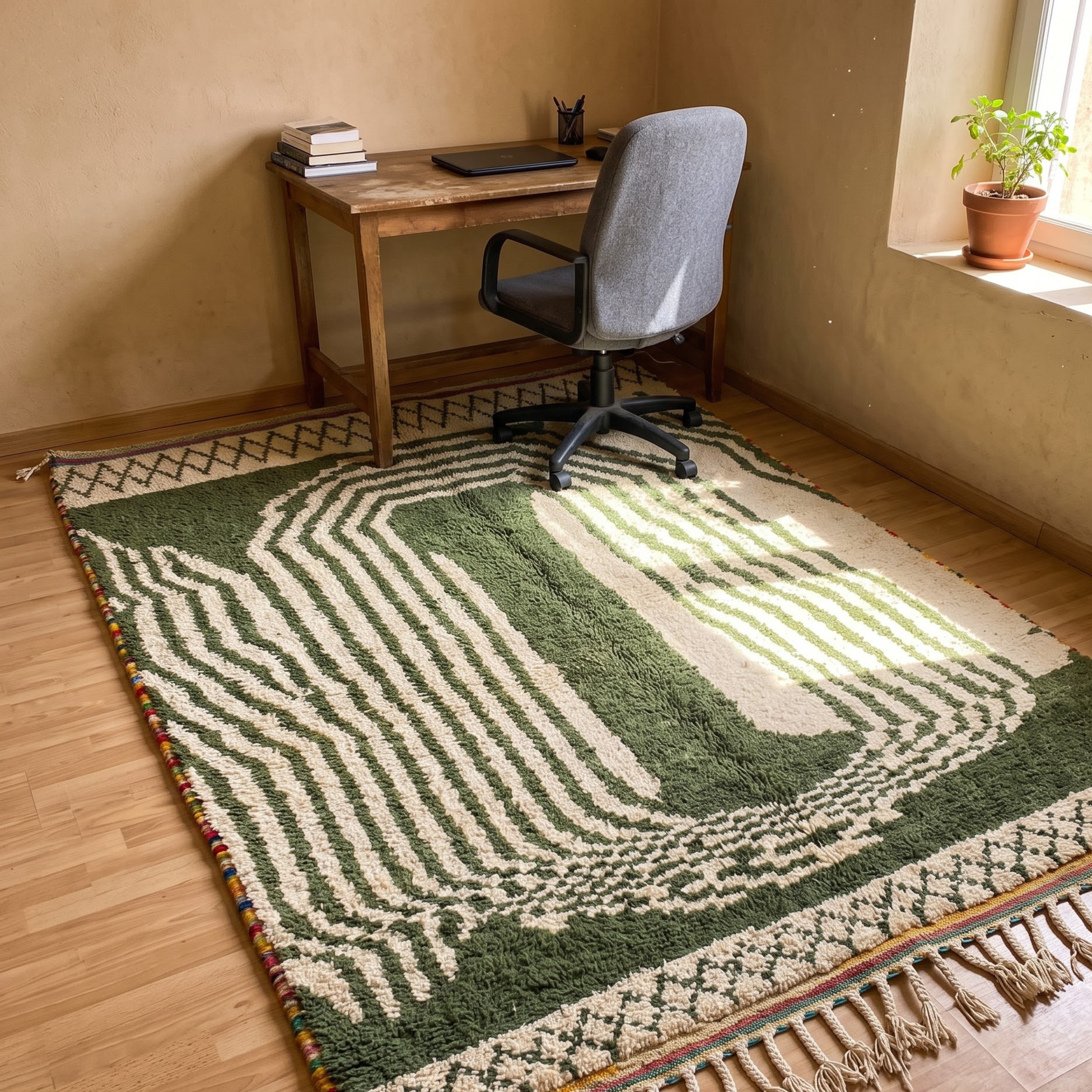 Handmade Moroccan Olive Green & Ivory Wool Rug – Architectural Arch & Wave Shag Rug