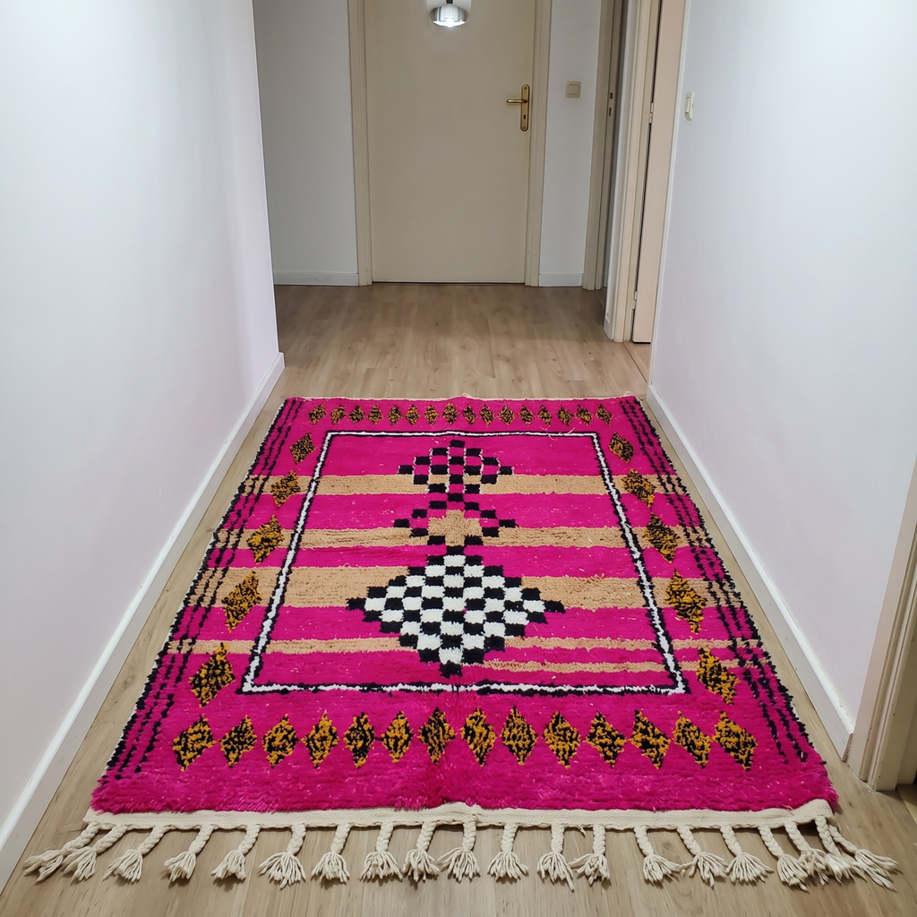 Handmade Moroccan Azilal Wool Rug – Hot Pink & Sand Checkerboard Totem Shag Rug