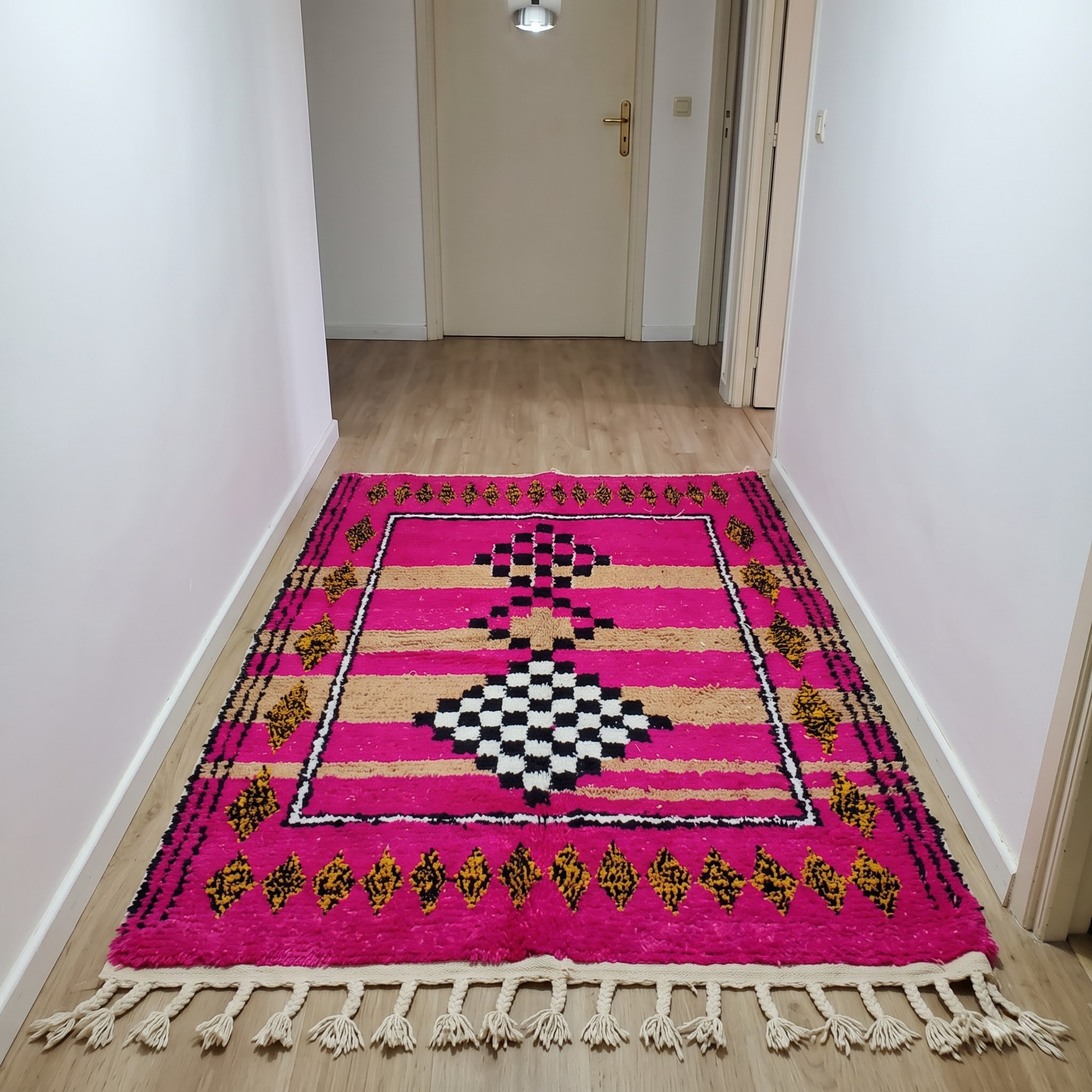 Handmade Moroccan Azilal Wool Rug – Hot Pink & Sand Checkerboard Totem Shag Rug