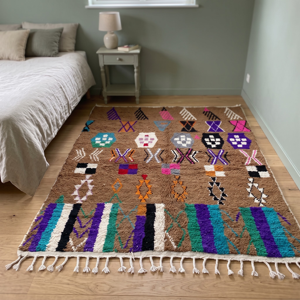 Handmade Moroccan Azilal Wool Rug – Cocoa Brown Shag with Multicolor Tribal Symbols