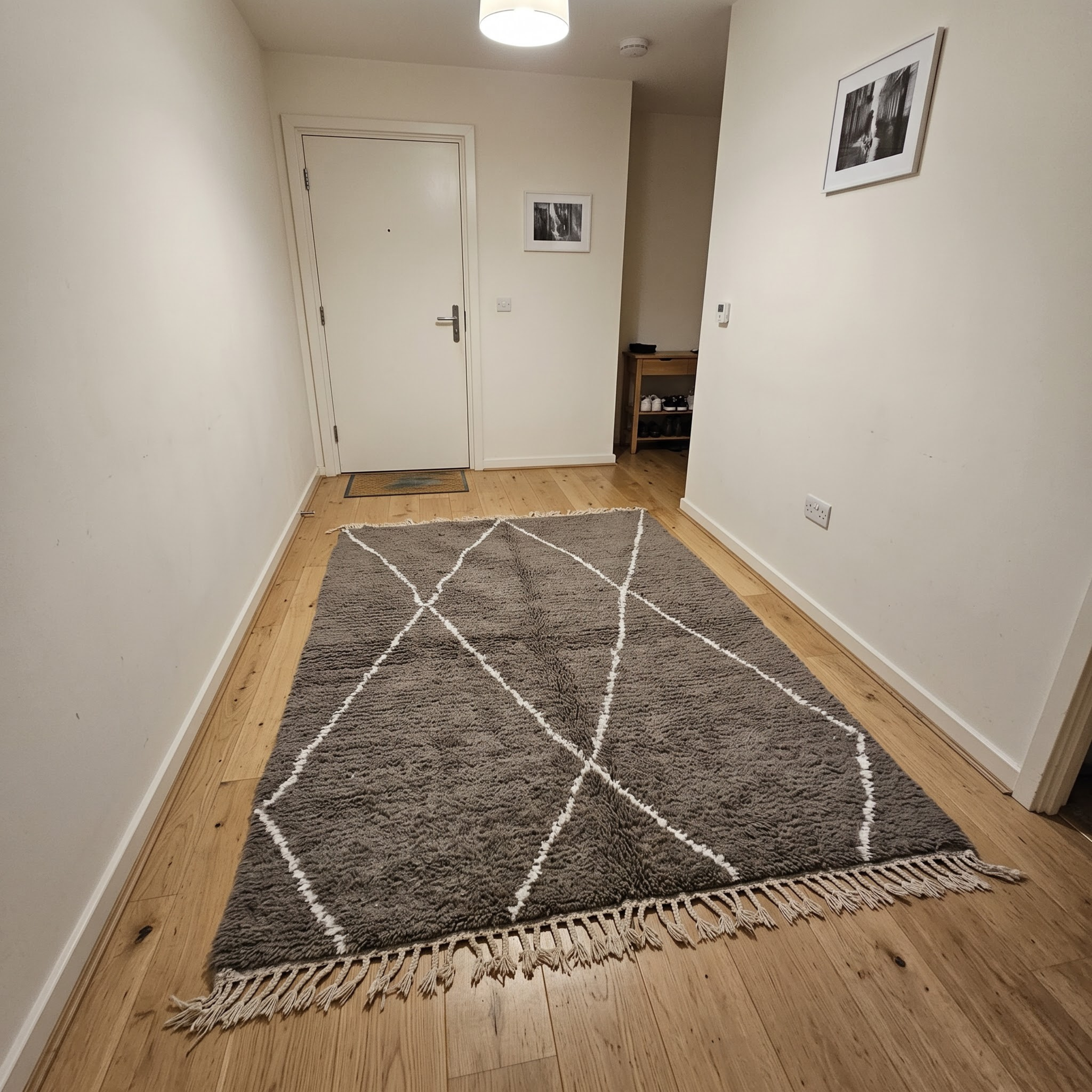 Handmade Moroccan Beni Ourain Rug – Charcoal Gray & White Diamond Shag Wool Rug