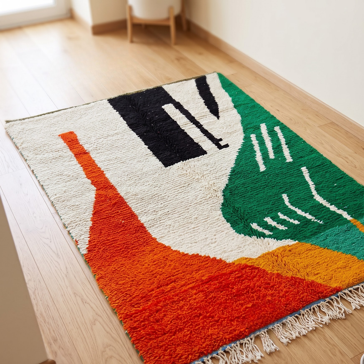 Handmade Moroccan Azilal Wool Rug – Emerald Green, Terracotta & Black Abstract Shag Rug