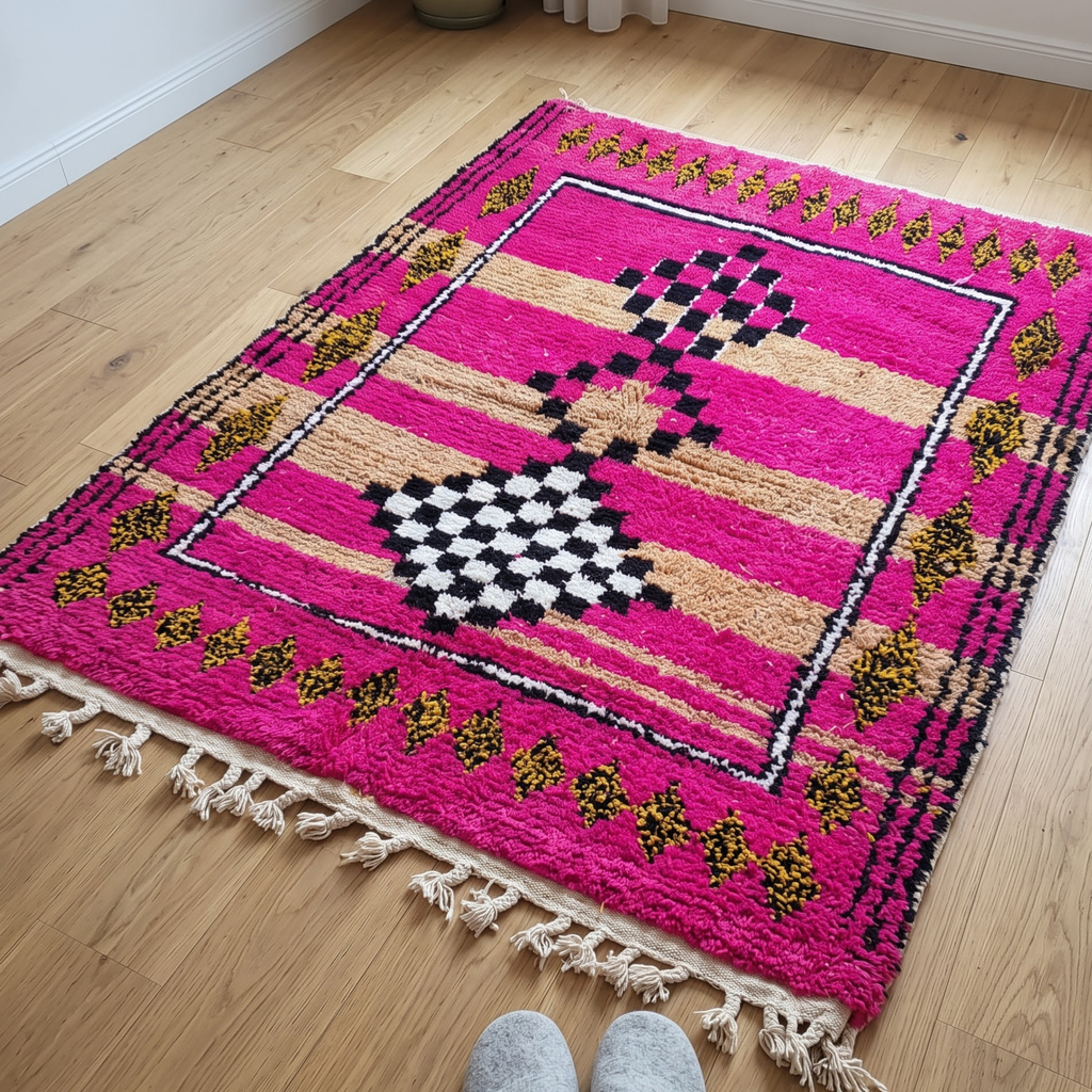 Handmade Moroccan Azilal Wool Rug – Hot Pink & Sand Checkerboard Totem Shag Rug