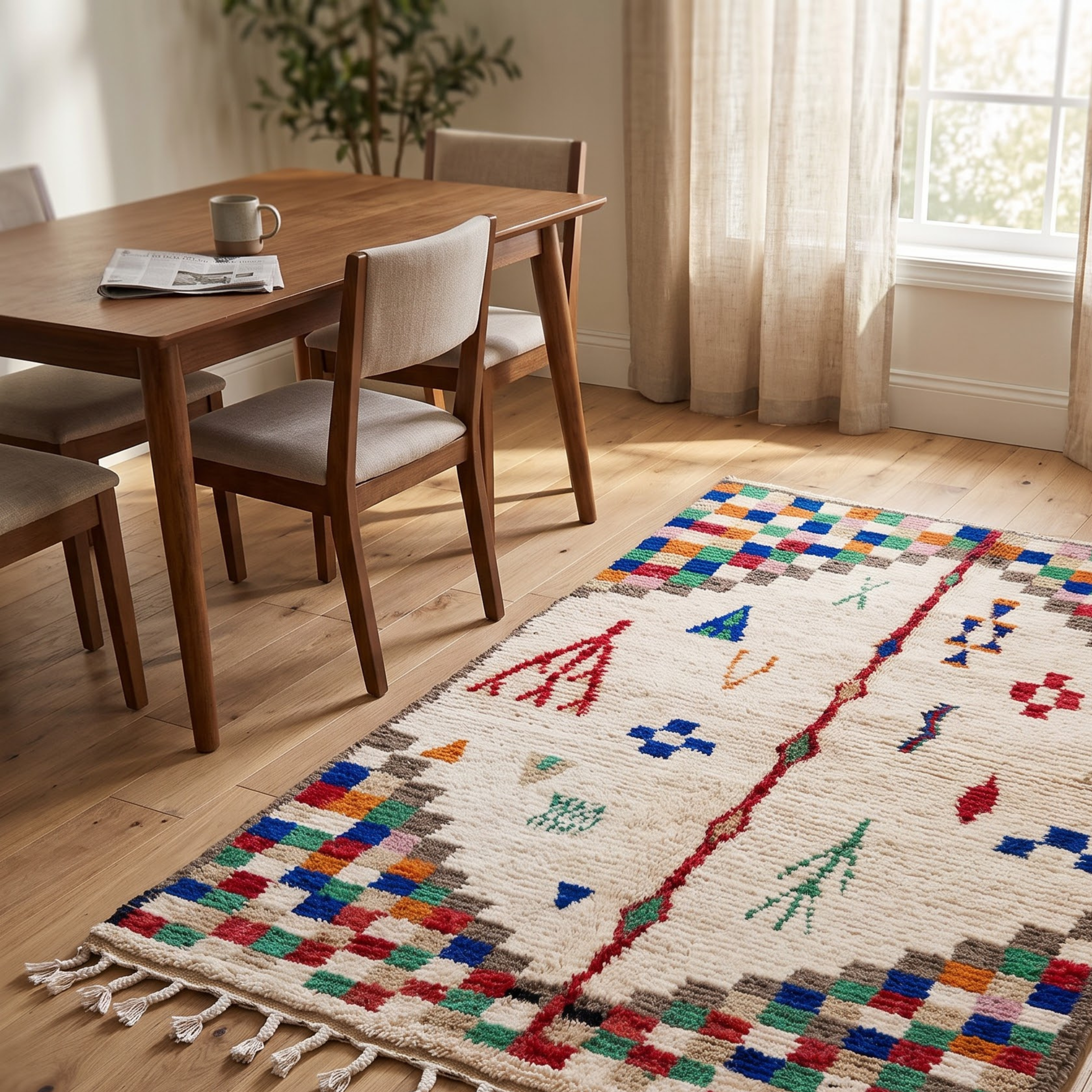 Handmade Moroccan Azilal Wool Rug – Cream Shag with Multicolor Pixel Checkerboard