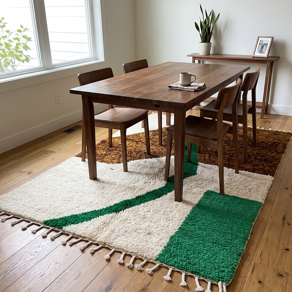 Handmade Moroccan Wool Rug – Earthy Brown, Emerald Green & Cream Abstract Shag Rug