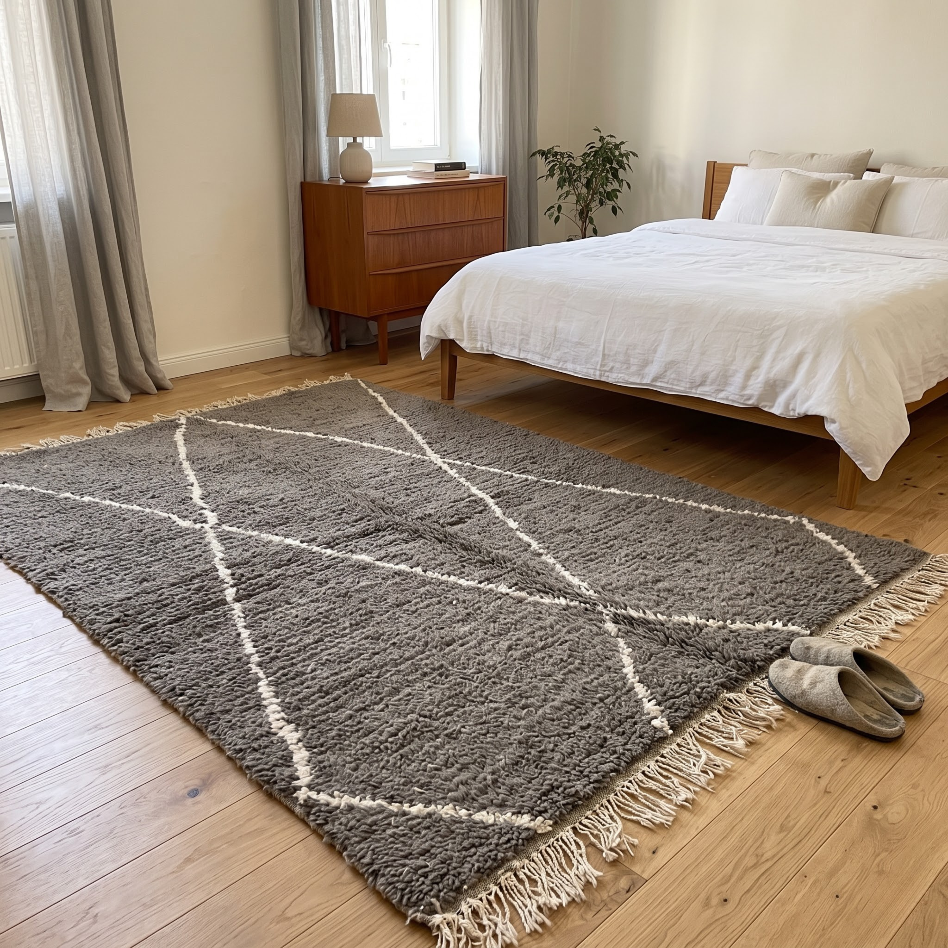 Handmade Moroccan Beni Ourain Rug – Charcoal Gray & White Diamond Shag Wool Rug