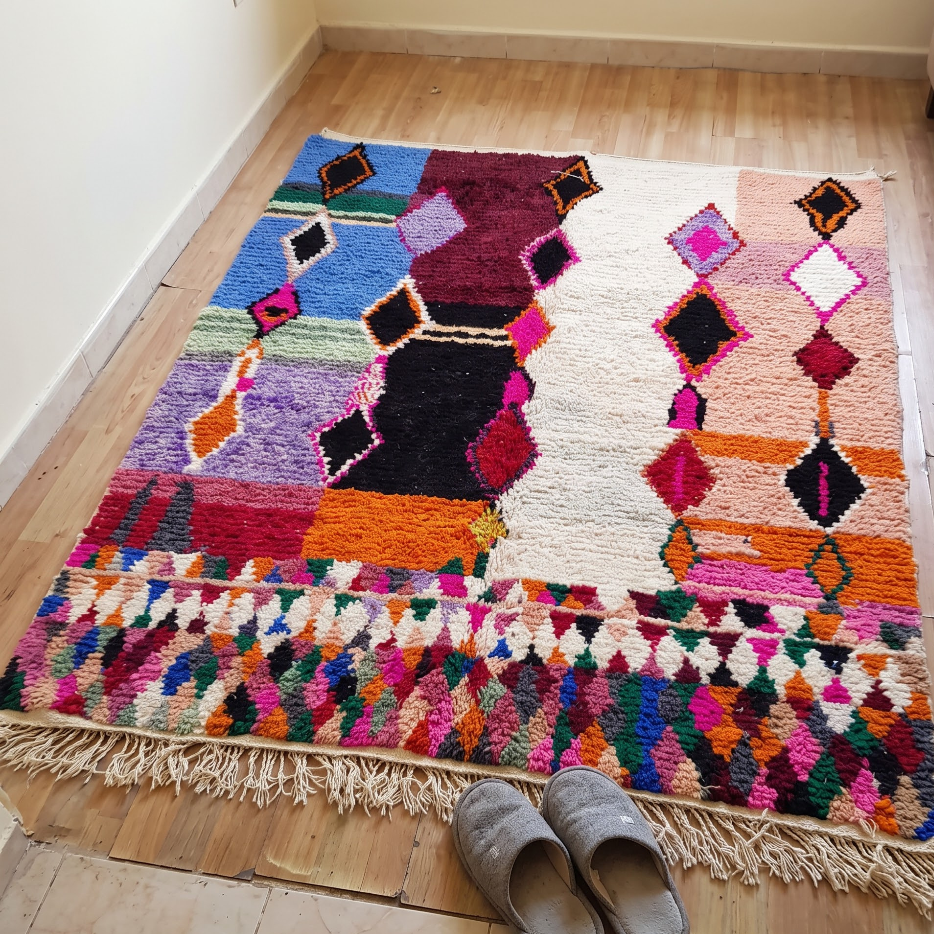 Handmade Moroccan Azilal Wool Rug – Pastel & Jewel Tone Color-Block Shag Rug