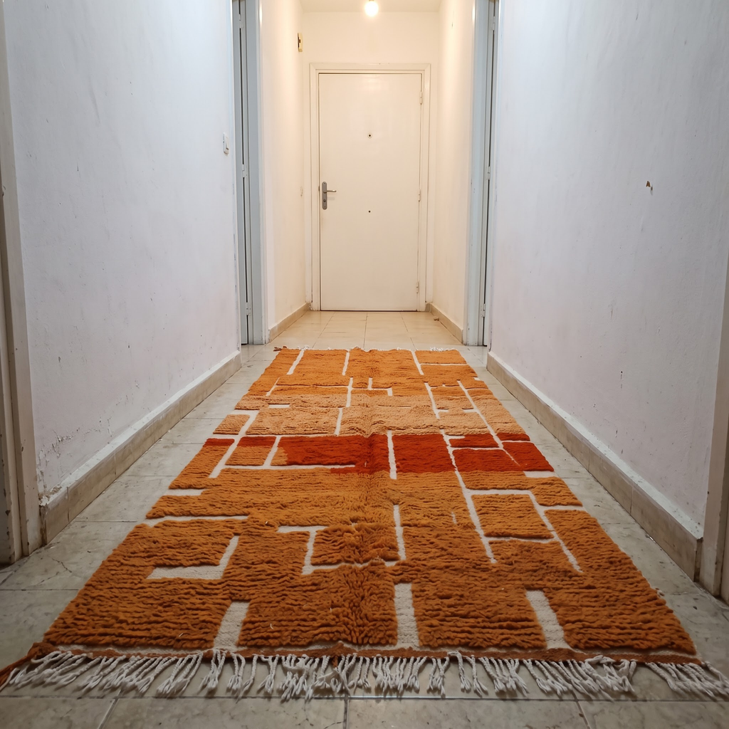 Handmade Moroccan Wool Rug – Terracotta, Ochre & Brick Red Geometric Block Shag Rug