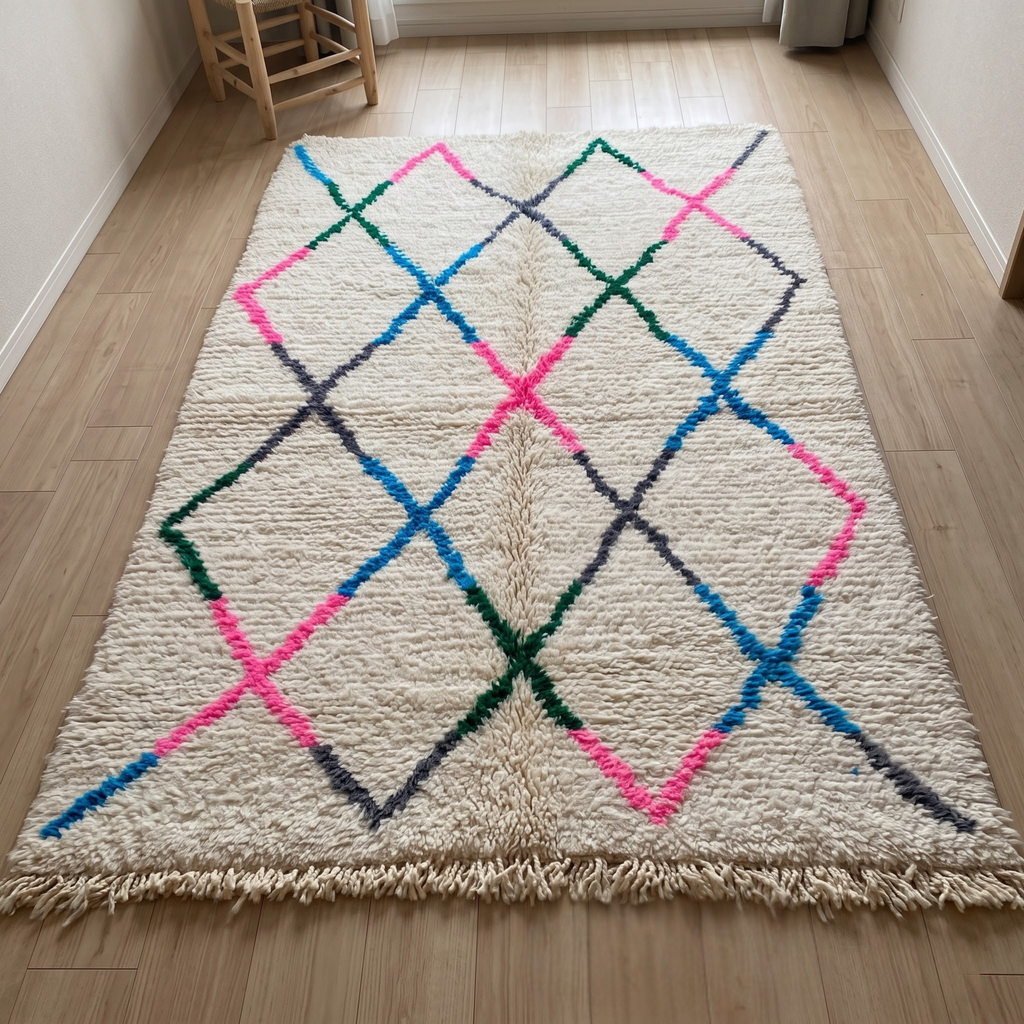 Handmade Moroccan Beni Ourain Wool Rug – Ivory Shag with Multicolor Diamond Trellis
