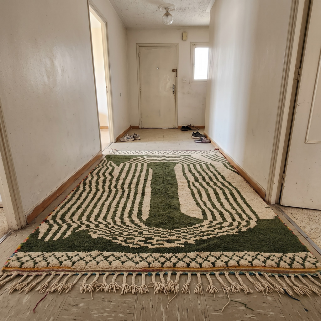 Handmade Moroccan Olive Green & Ivory Wool Rug – Architectural Arch & Wave Shag Rug
