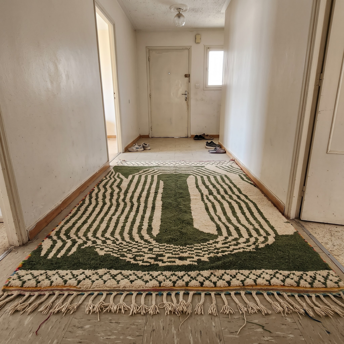 Handmade Moroccan Olive Green & Ivory Wool Rug – Architectural Arch & Wave Shag Rug
