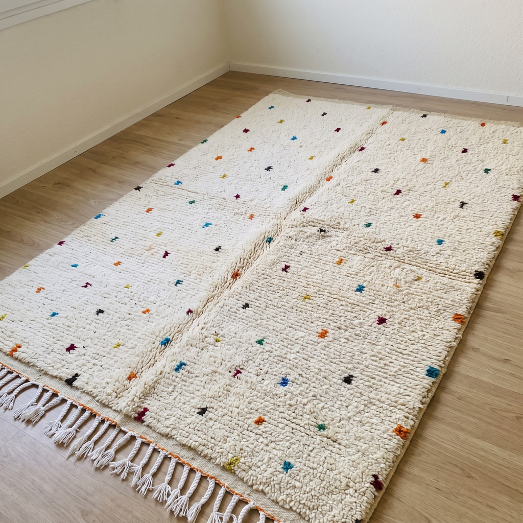 Handmade Moroccan Beni Ourain Wool Rug – Ivory Shag with Multicolor Confetti Polka Dots