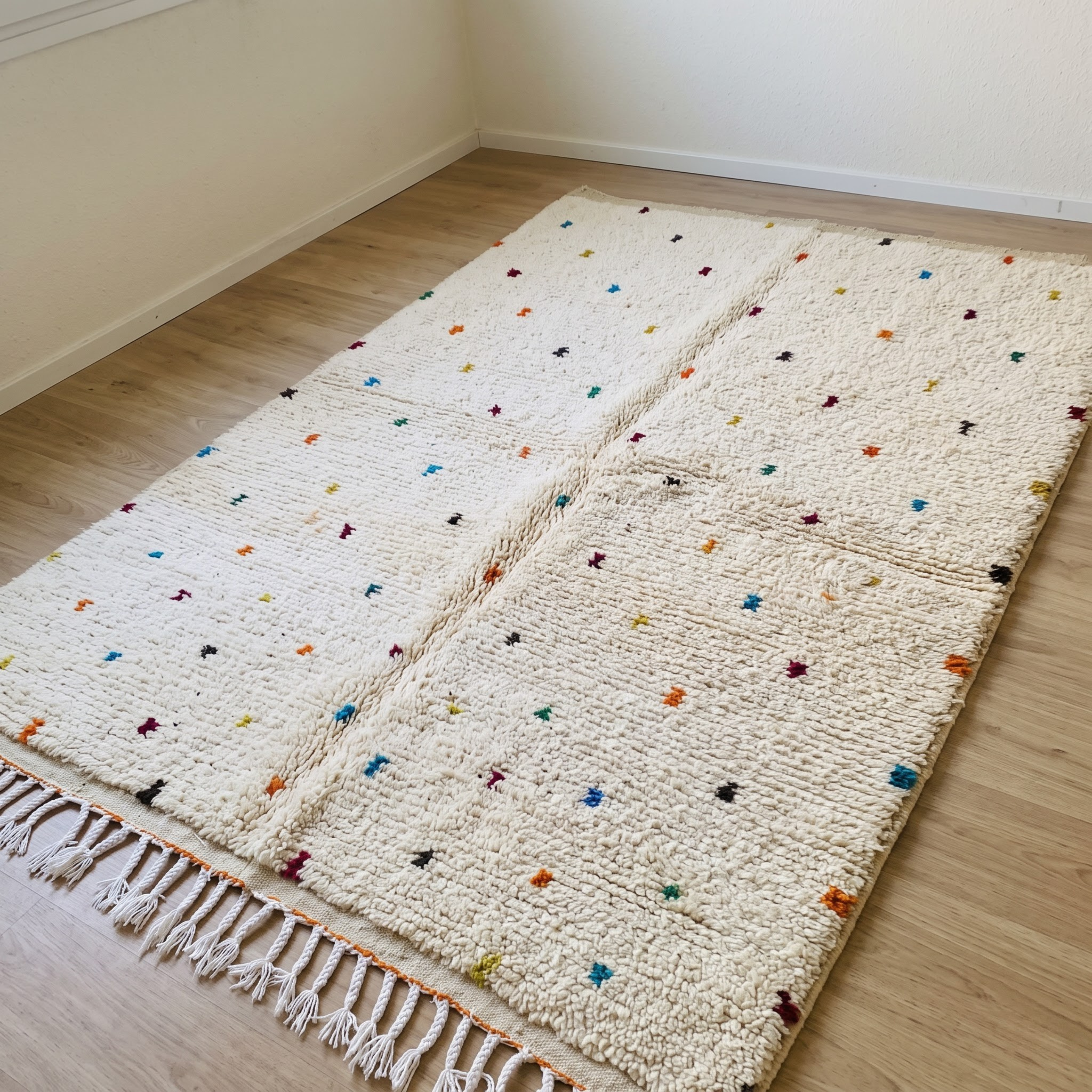Handmade Moroccan Beni Ourain Wool Rug – Ivory Shag with Multicolor Confetti Polka Dots