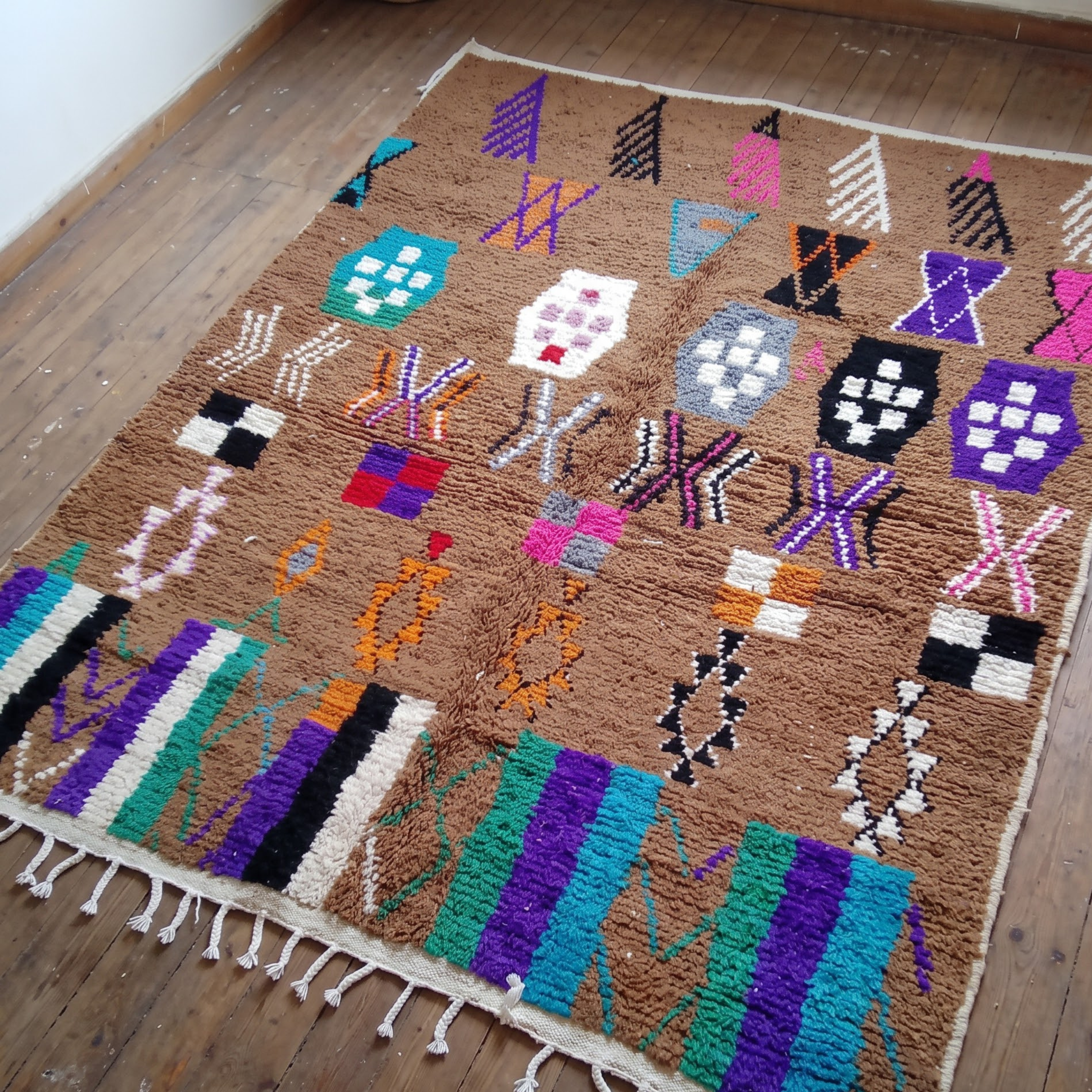 Handmade Moroccan Azilal Wool Rug – Cocoa Brown Shag with Multicolor Tribal Symbols