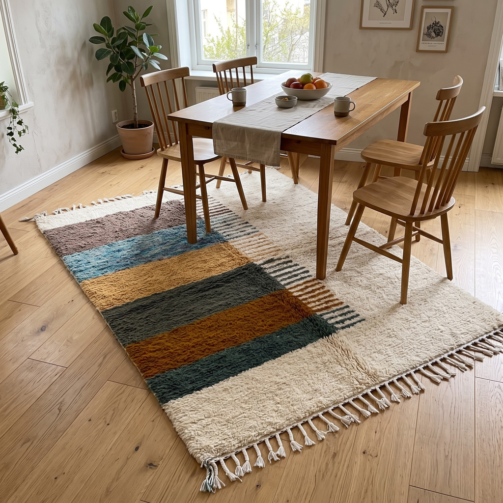Hand-Knotted Moroccan Area Rug in Natural Cream with Striped Earth Panel